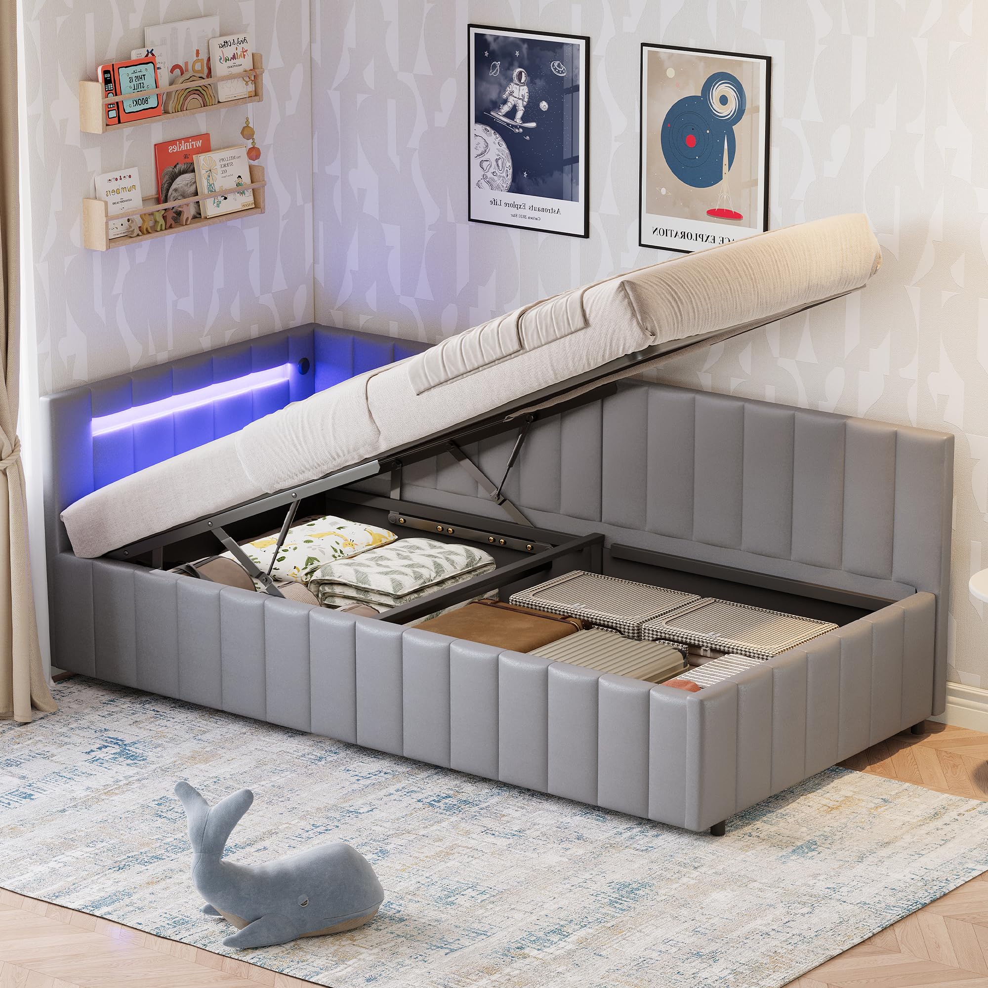 Besbed Upholstered Daybed with Storage, 3FT Single Sofa Bed 90 x 190 cm, Velvet Ottoman Bed with Hydraulic Storage, Wooden Slats Frame (No Mattress)