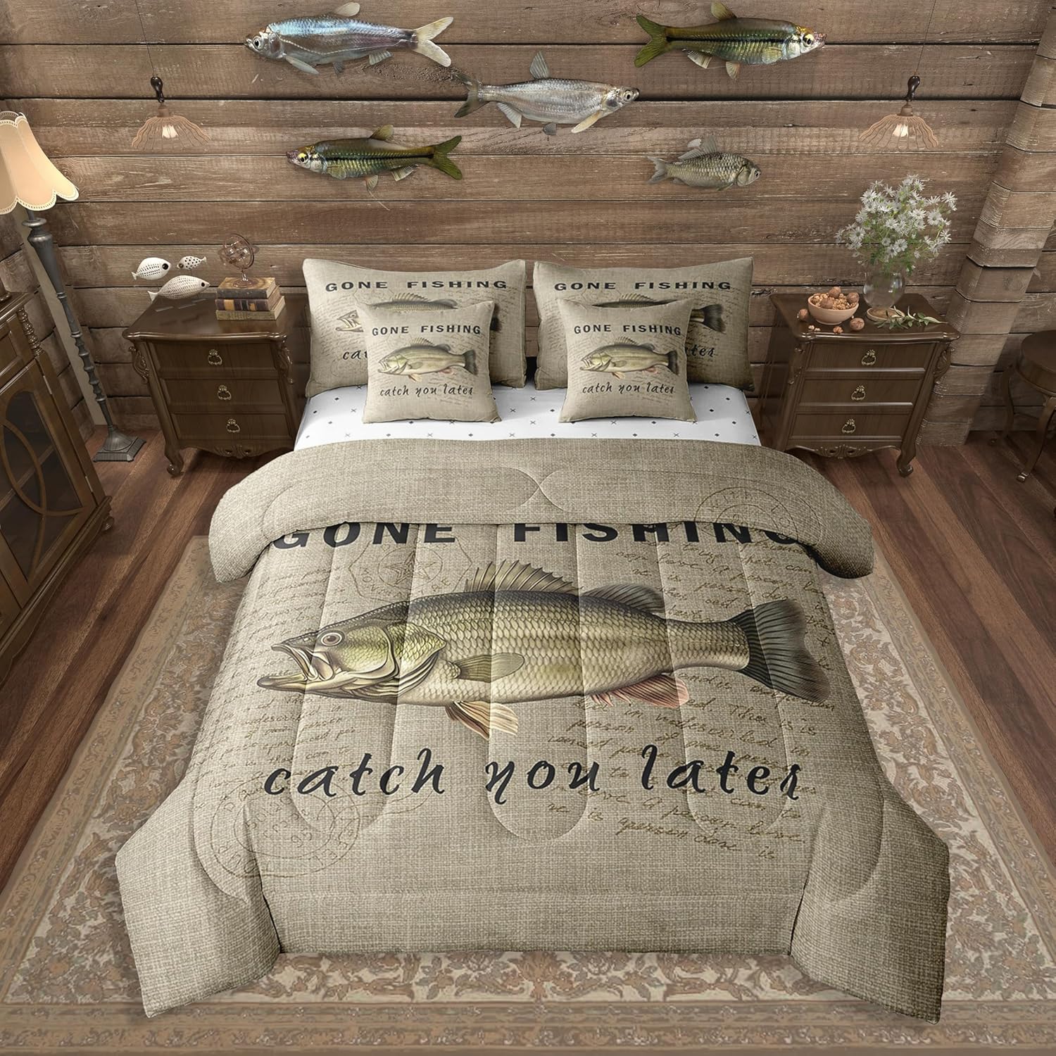 Erosebridal Gone Fishing 7 Piece Comforter Set Twin Bed in a Bag,Retro Lakeside Decor Bedding Set Rustic Pike Fish Duvet Insert Lake House Hunting Theme Sheet Set Farmhouse Room Decor,Green Grey