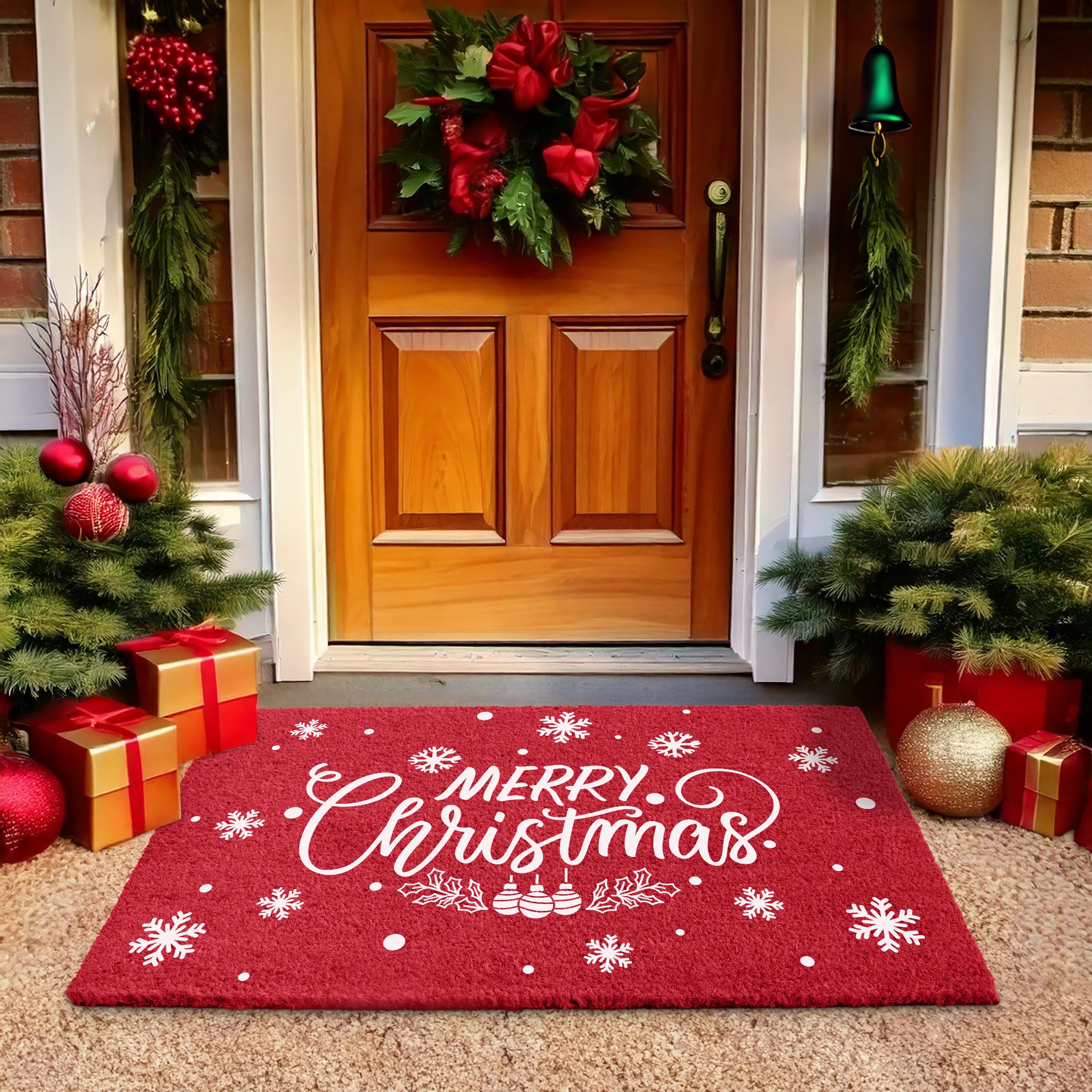 LuxUrux Extra Large Merry Christmas Welcome Mat Outdoor Coco Coir Doormat, with Heavy-Duty Backing, Perfect Color/Sizing for Outdoor/Indoor uses. (24'' x 36'' Inch, Merry Christmas)
