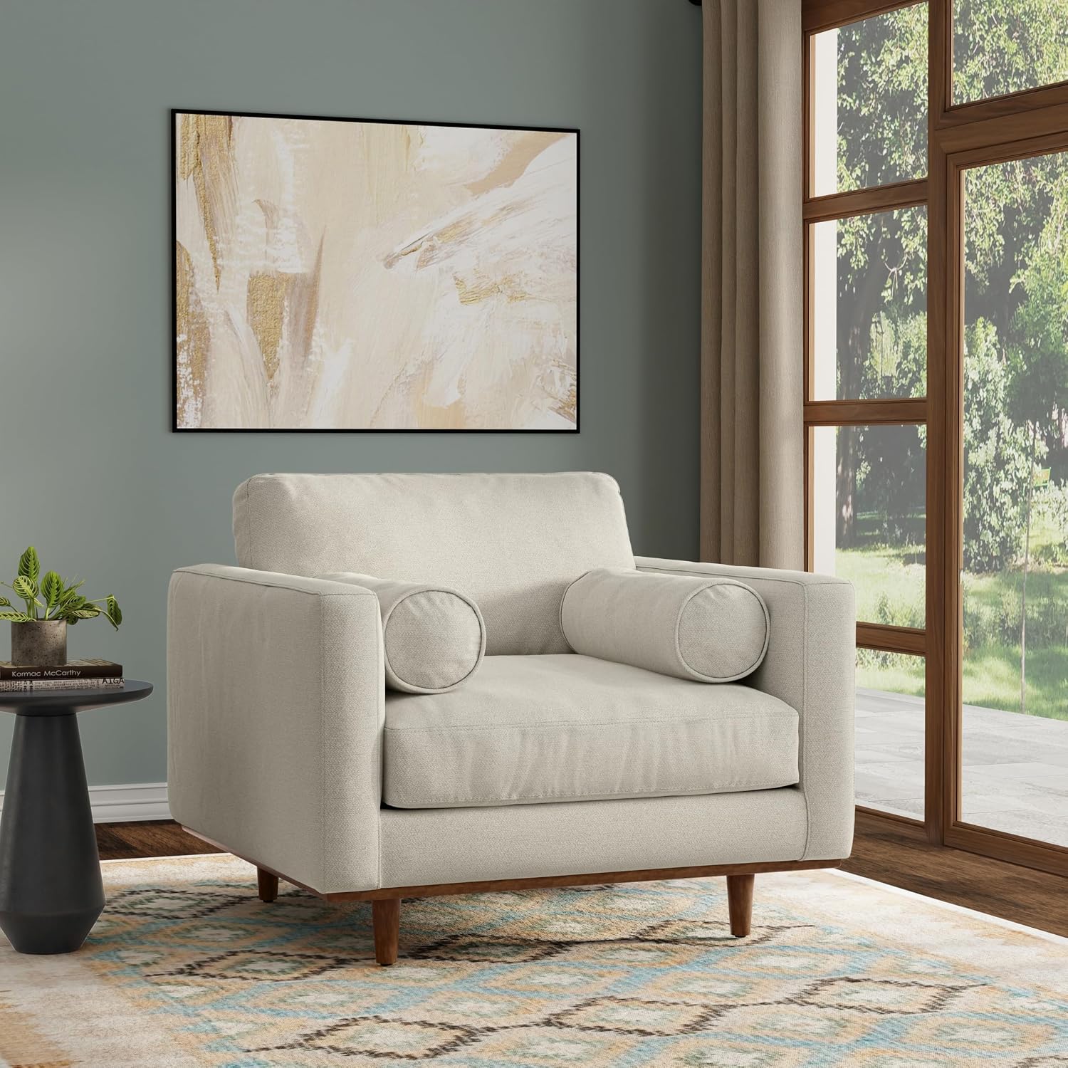 SIMPLIHOME Morrison Arm Chair - 42 inch Wide Upholstered Solid Wood Mid-Century Modern Accent Chair in Cream White with Performance Fabric, Bolster Pillows and Deep Comfort Seating