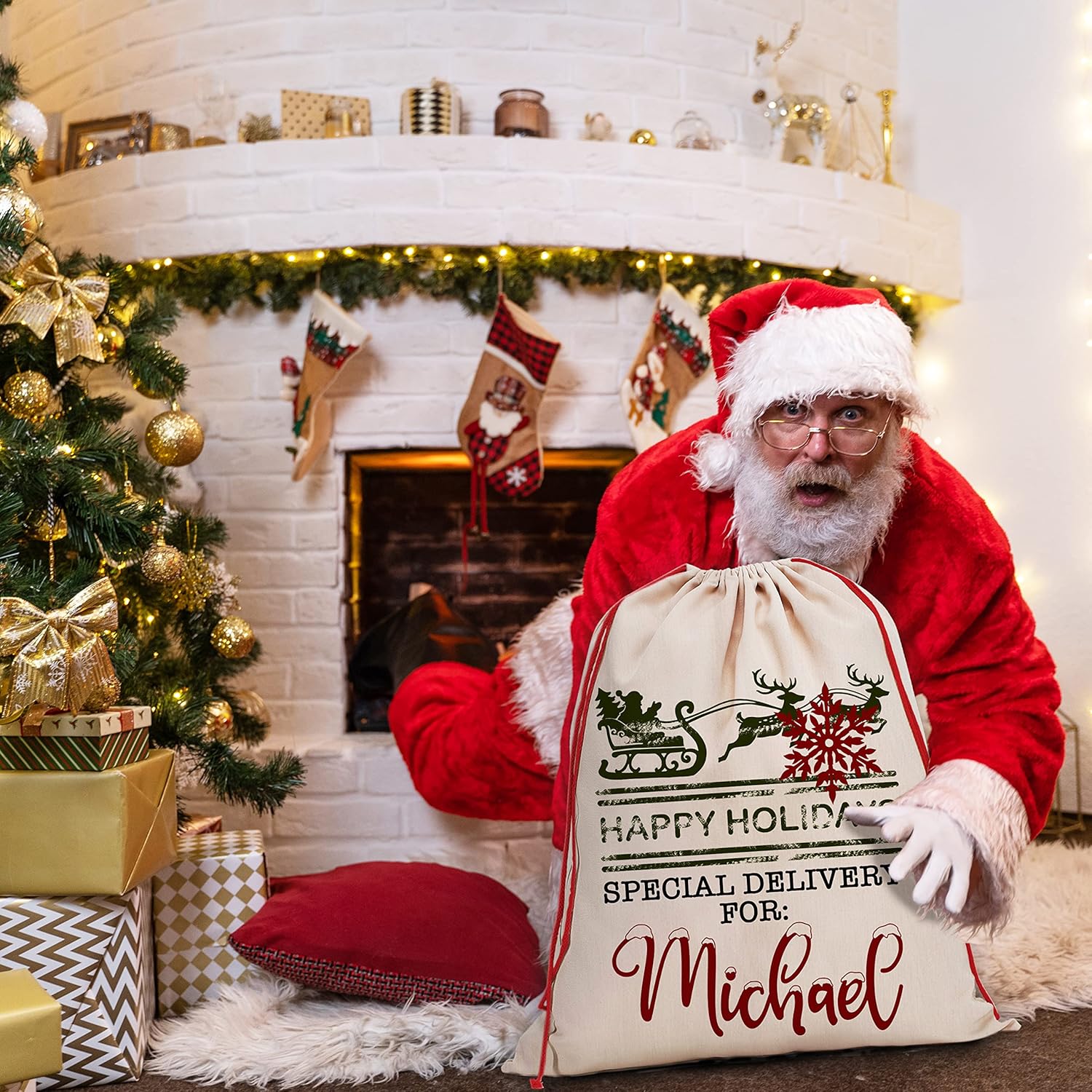 Brd Gifts Set of 2 Personalized Santa Sack w/Name 9 Design Options Custom Christmas Bag for Holiday Presents, 27 x 20 Canvas, Large Santa Gift Sack Santa Mail Service