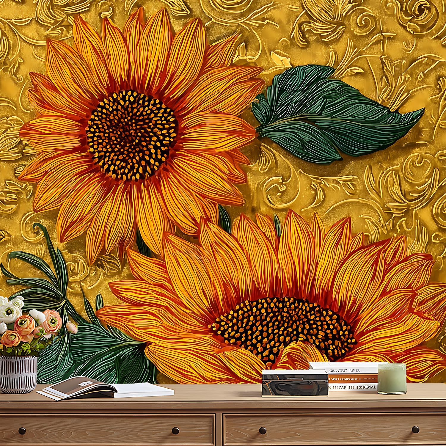 ANNA QUEEN 14 PCS Peel and Stick Sunflower Stair Stickers – 39x7 Inch, Bright Sunflower Design for Stairs & Hallways