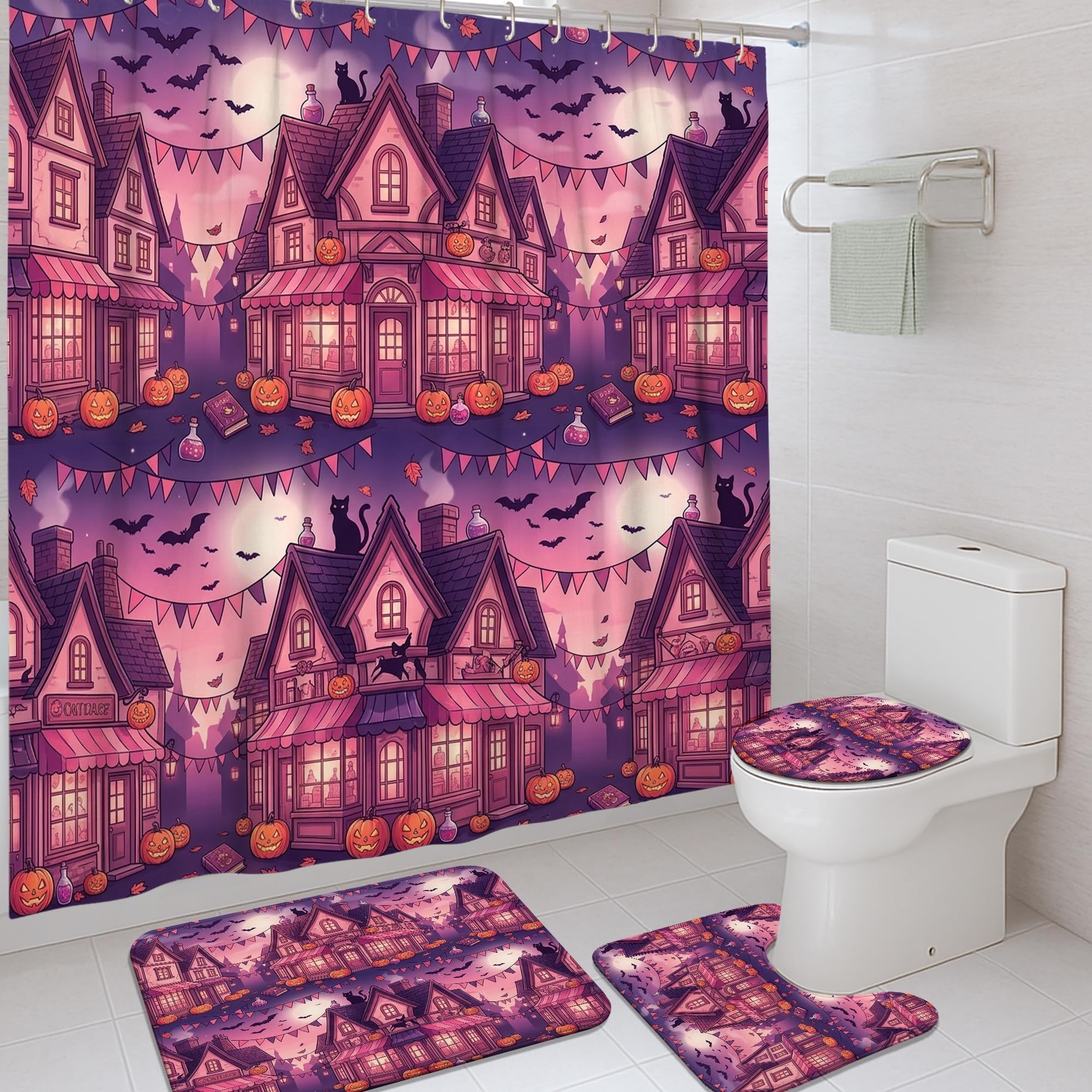 Rideau de douche imperméable Halloween violet en polyester de qualité avec tapis assorti