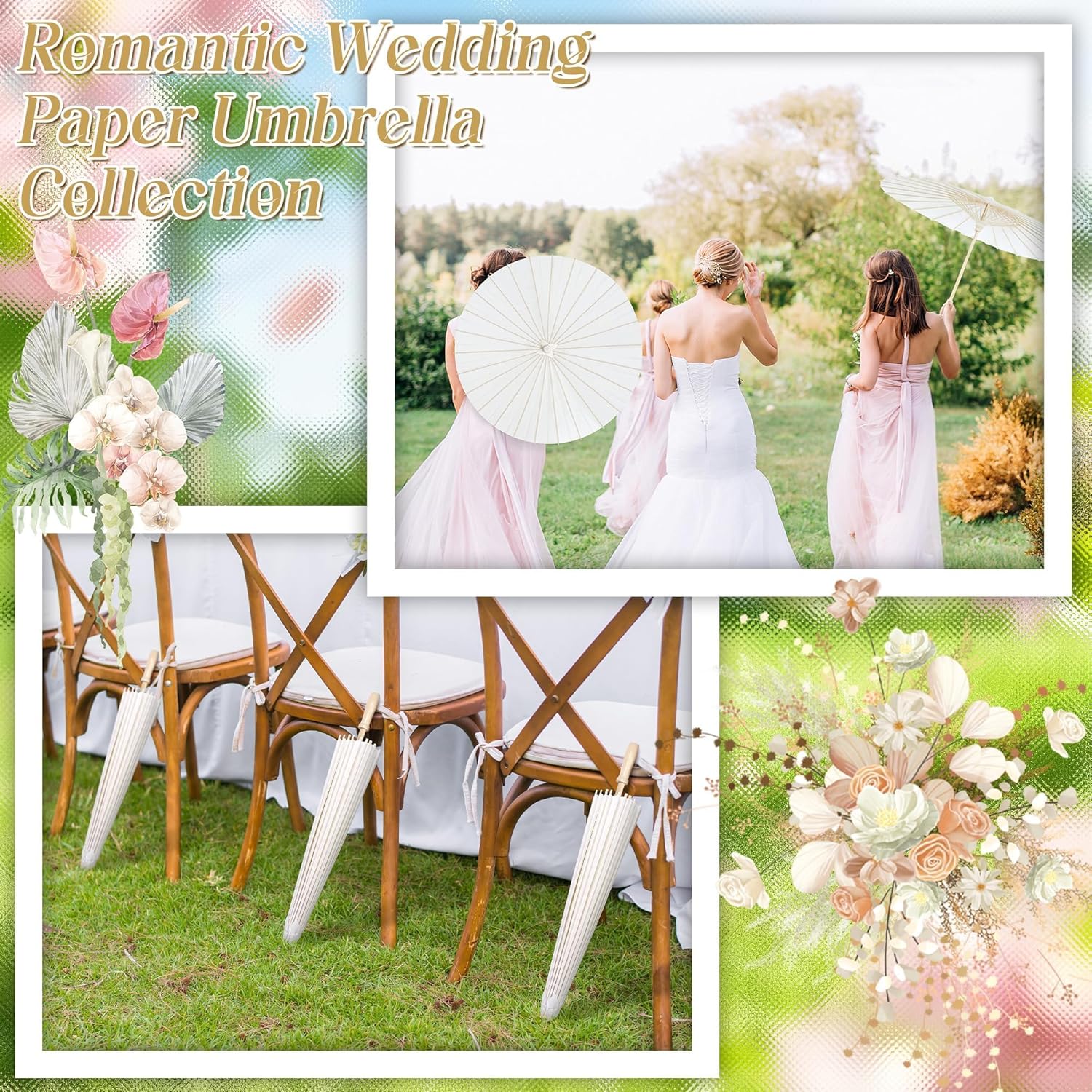 Aneco 12 Pieces 33 Inch Wedding White Paper Umbrellas, Chinese Japanese Decorative Parasols with Organza Bags Thank-You Tags Wooden Sign, DIY Oiled Paper Painting Umbrellas for Wedding Bridal Party