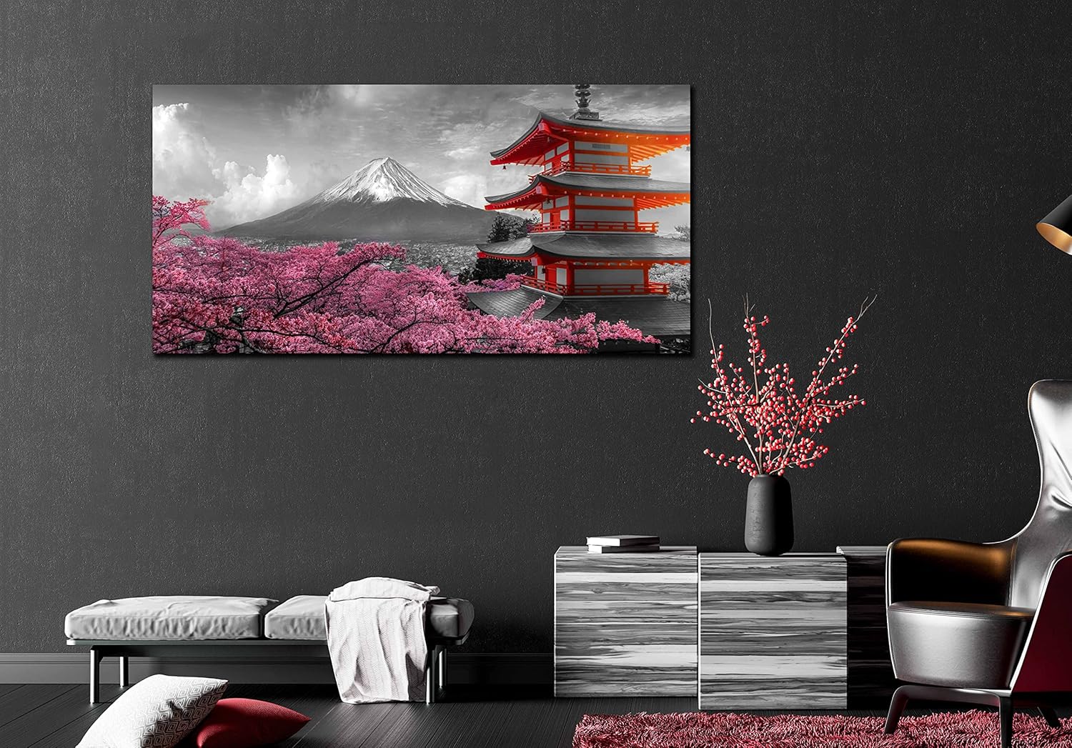 Japanese Wall-Art for Bedroom - Pink Wall Decor - Cherry Blossom Wall Art Living Room Large Mount Fuji Pictures Poster Ready to Hang Size 40" x 20"