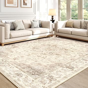 8x10 Beige Washable Area Rug for Living Room, Low Pile Carpet