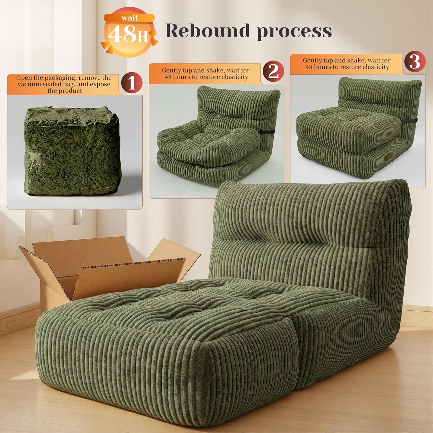Bean Bag Chair,Giant Bean Bag Chairs for Adults 31.49" H with Foldable Ottoman for Living Room, Bedroom or Balcony,Big Lounge Chair with Memory Foam Filled,Lazy Floor Sofa,Plush,Comfy,Green