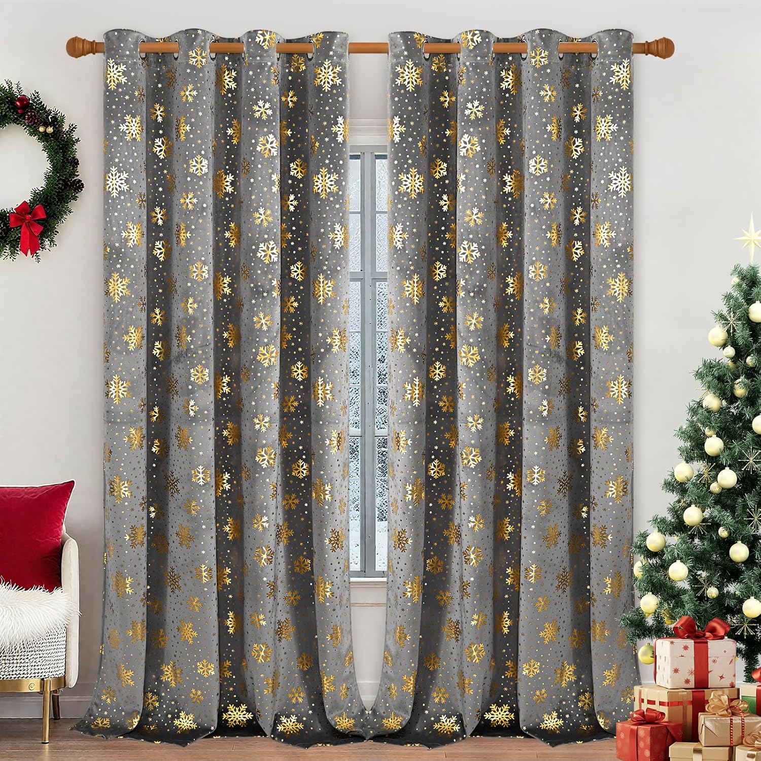 Yinhua Christmas Velvet Blackout Curtains for Living Room Gold Snowflake Bedroom Curtains 84 Inch Length 2 Panels, Thermal Insulated Curtain Room Darkening Grommet Drapes for Christmas Winter, Grey