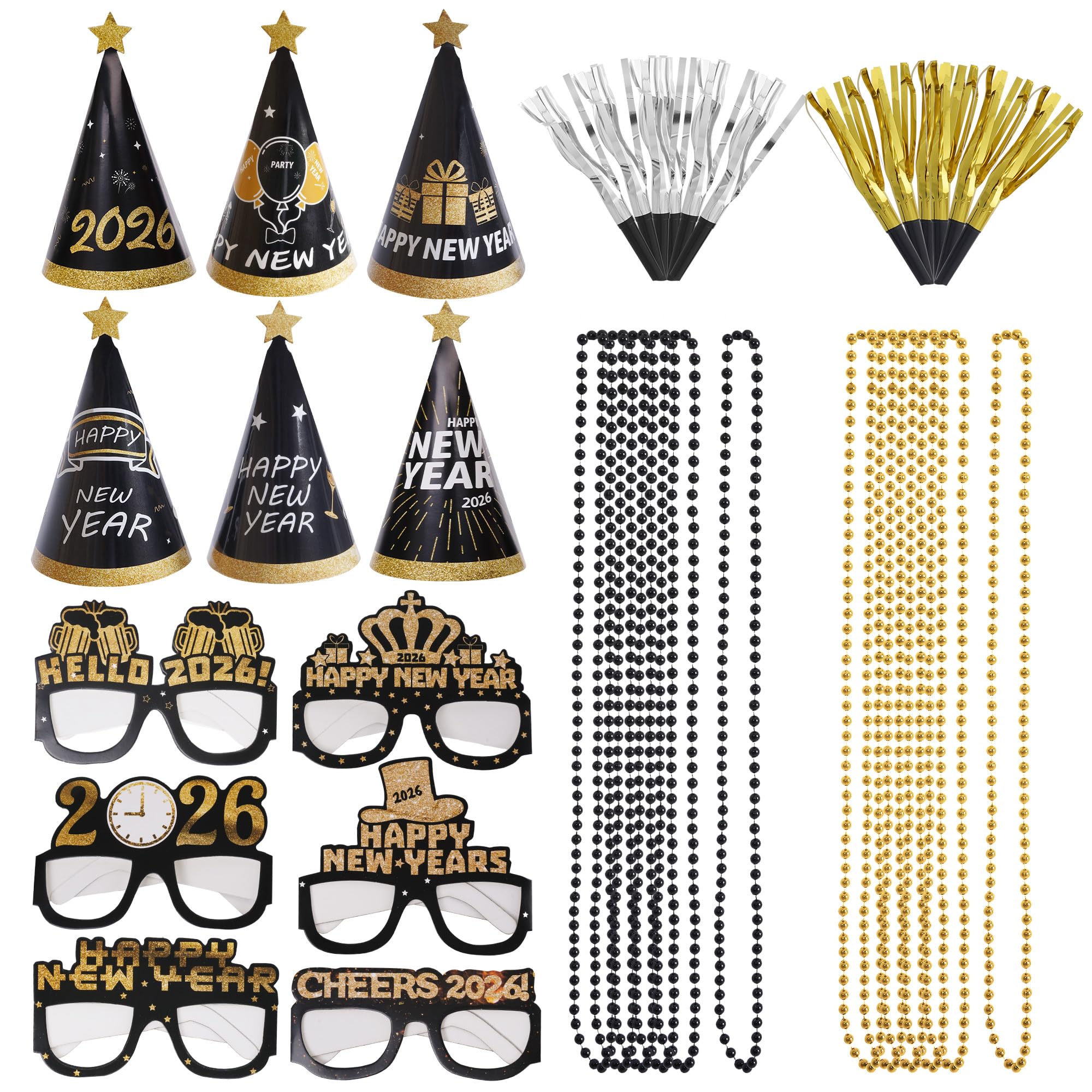 Silvester Party Supplies 2025 - Dekorationen, Hüte, Brillen, Halsketten & Gebläse für Silvesterfeier