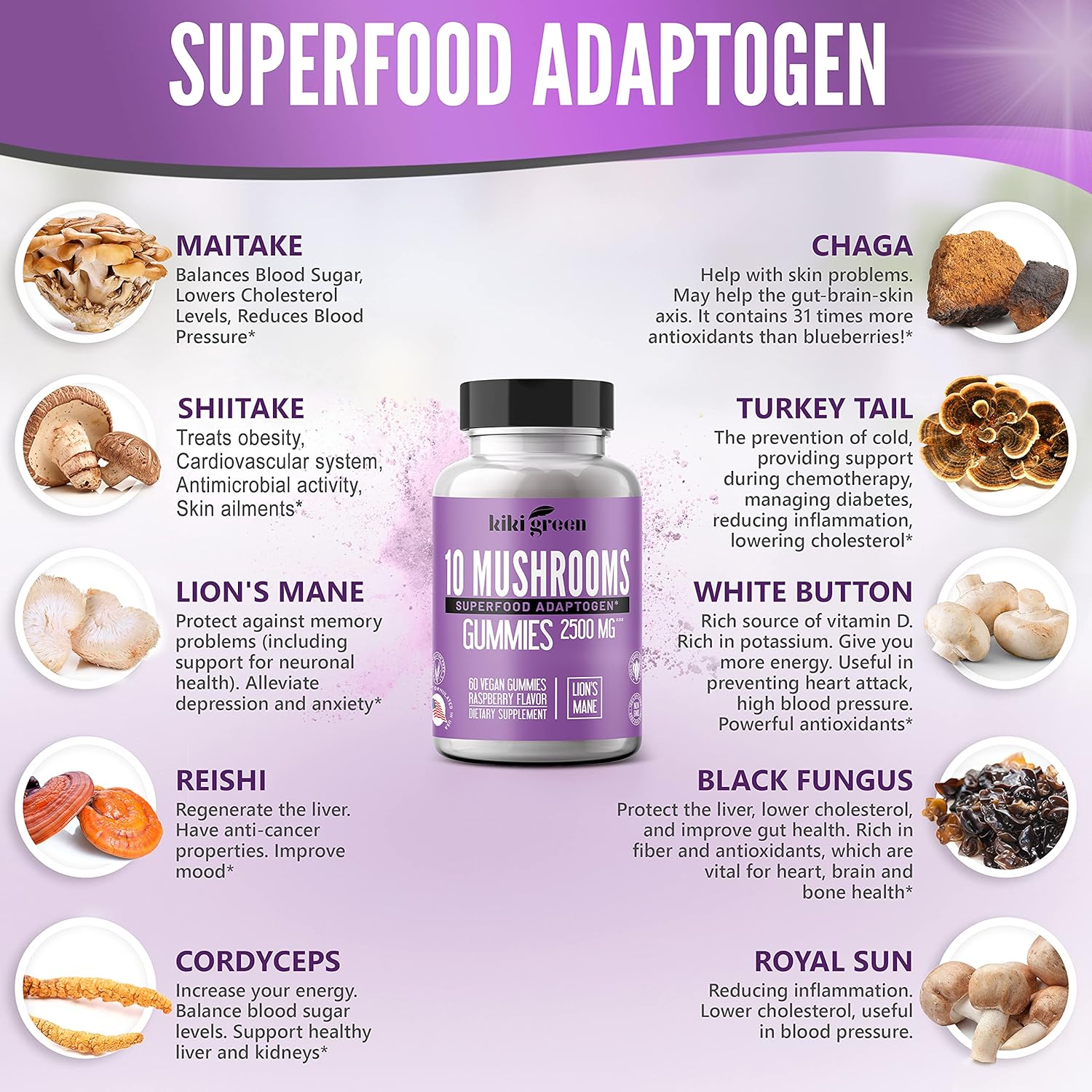 KIKI Green Mushroom Gummies Nootropic Adaptogenic Supplement - 2,500 mg – Lion's Mane & 9 More Mushrooms 10:1 Extracts Fruiting Body – Raspberry Flavor Non-GMO Gluten and Gelatin Free – Vegan : Health & Household