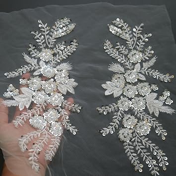 2pc/Pair Luxury Beaded Sequin Flower Embroidery lace Appliques for Wedding Dresses Rhinestone Applique Patches Embroidery lace parches ropa White