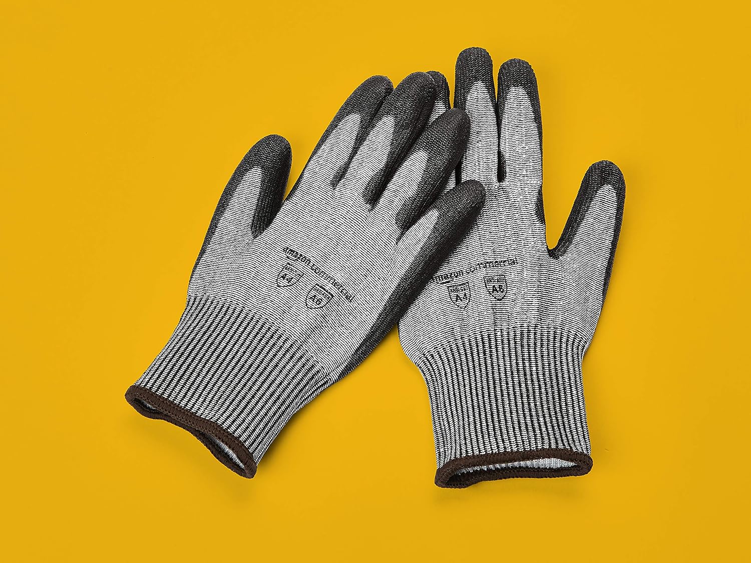 AmazonCommercial 13G HPPE Cut Resistant Liner & Polyurethane Coated Gloves (Salt & Pepper/Black), Size L, 12 pairs