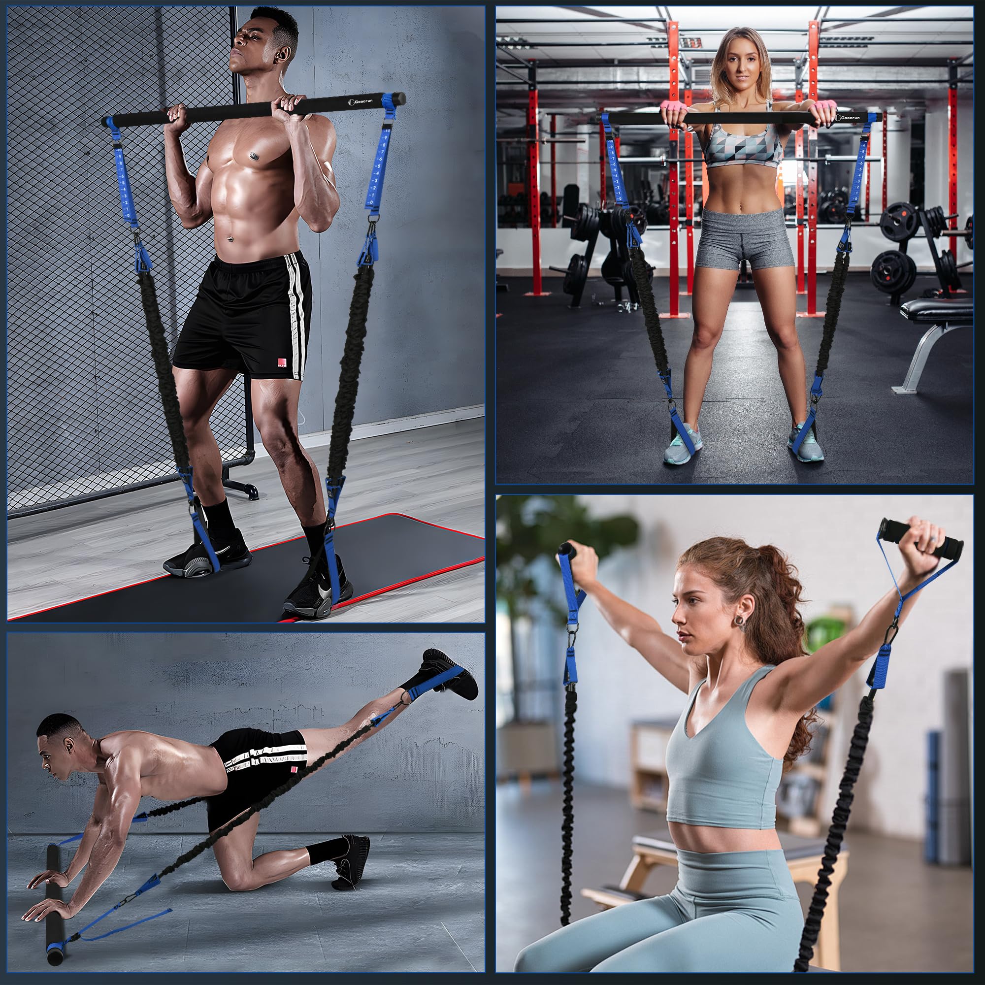 Barra portatile per pilates e fascia di resistenza con maniglie, include ancoraggi per porta, cinturino per caviglia e cinghie di estensione, con poster fitness e video