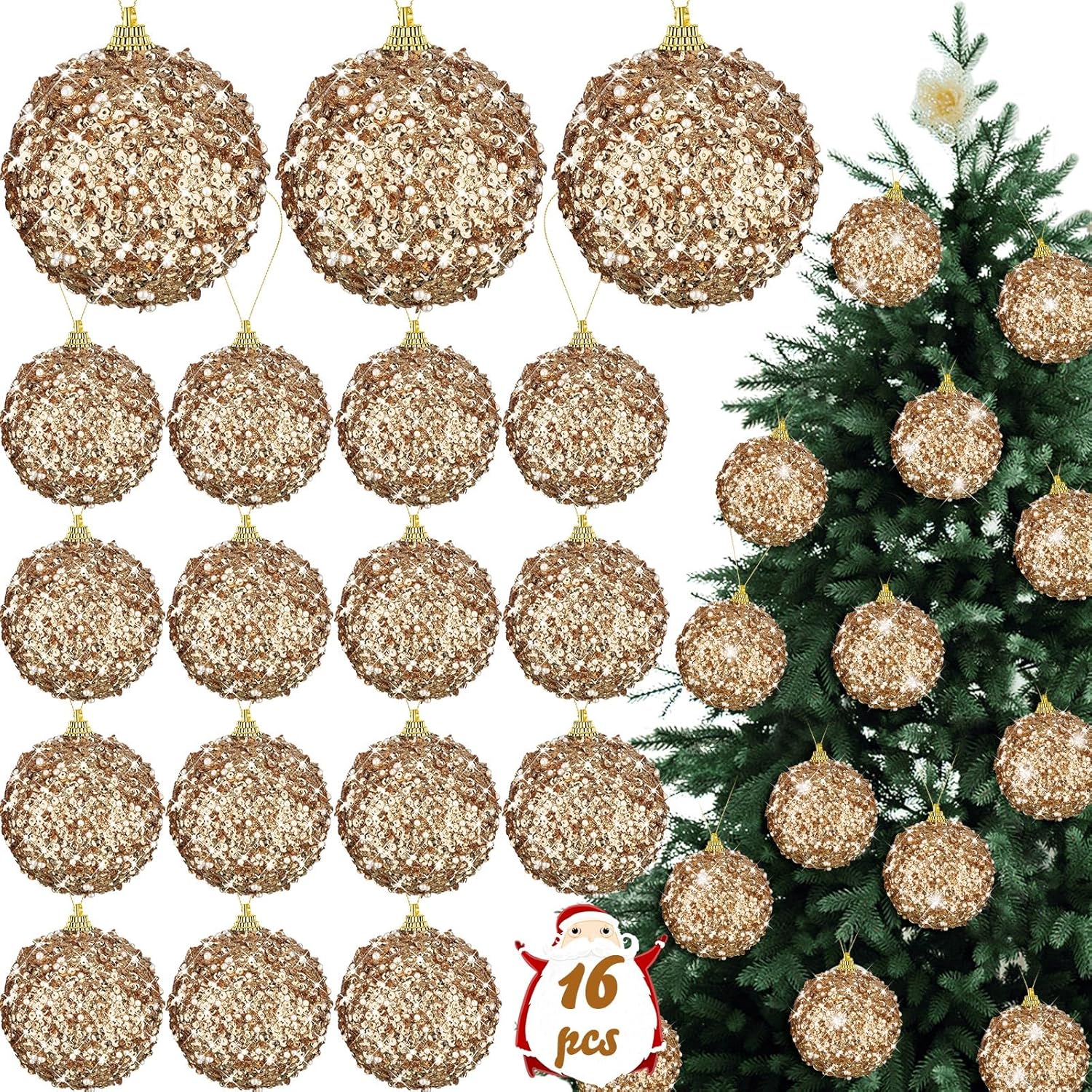 Liliful 16 Pcs 3.15 Large Christmas Ball Ornaments Glitter Christmas Decorations Tree Balls Hanging Ornaments for Xmas Wedding Home Tabletop Party Holiday Decor (Champagne Gold) Champagne Gold 16
