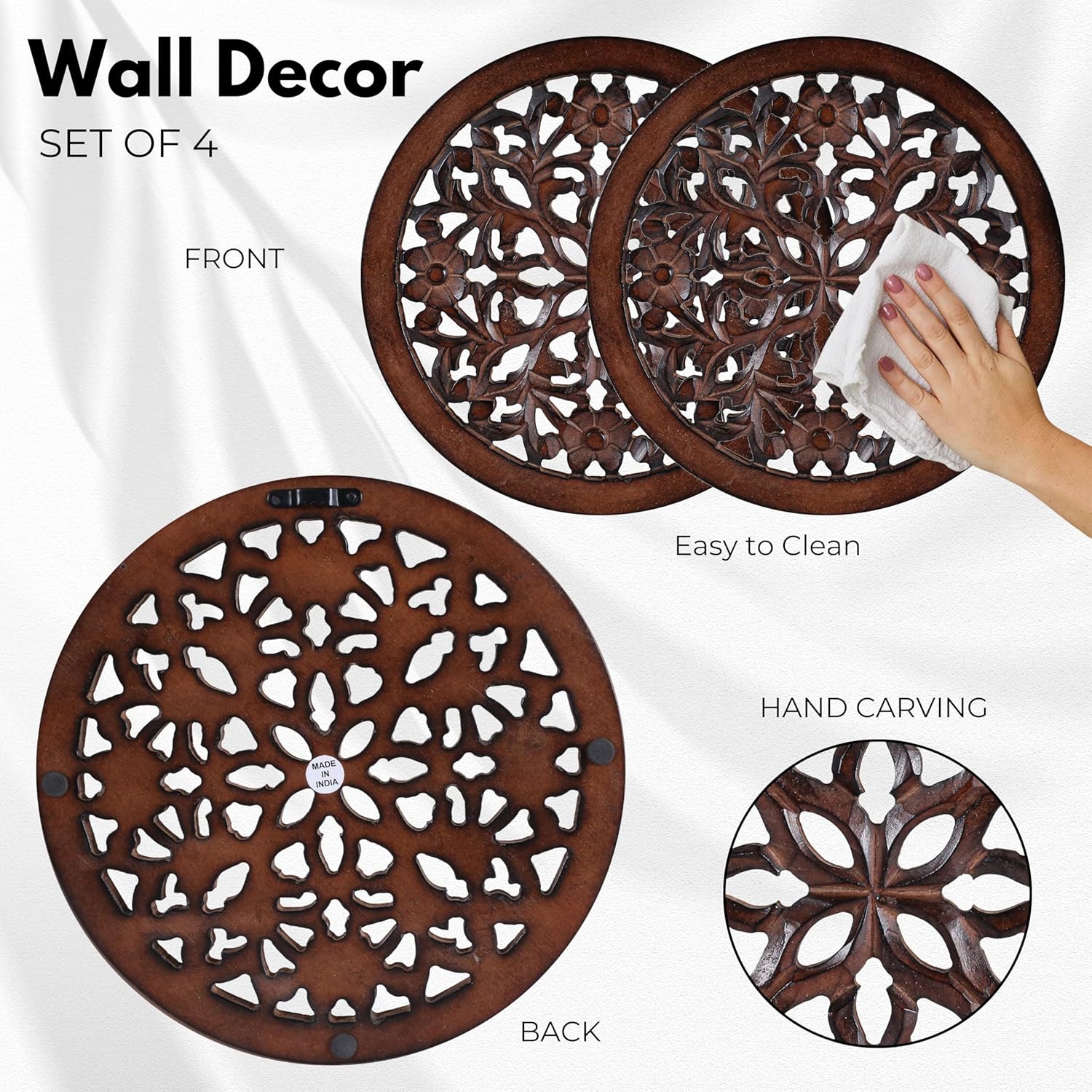 Woodify Hand-Carved Wooden Wall Décor – Set of 4, 12" x 12" Decorative Wood Panels, Floral Design, Natural Burnt Finish, Wall Art for Living Room & Home Décor