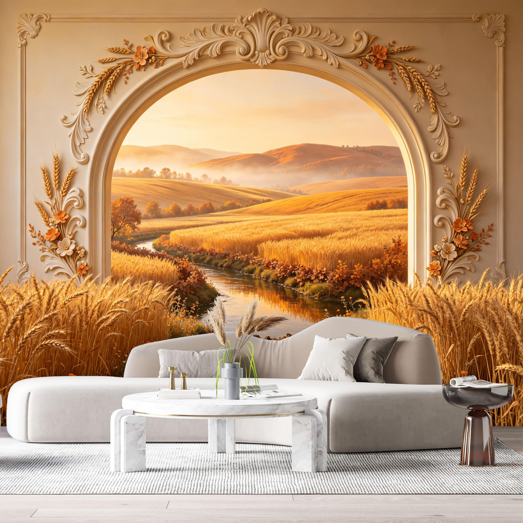 Custom Size Wall Murals Wheat Field Landscape Sunset River 3D Trompe L'Oeil SelfAdhesiveWall Fabric Removable Wallpaper Wall Decor for Living Room Bedroom Bathroom