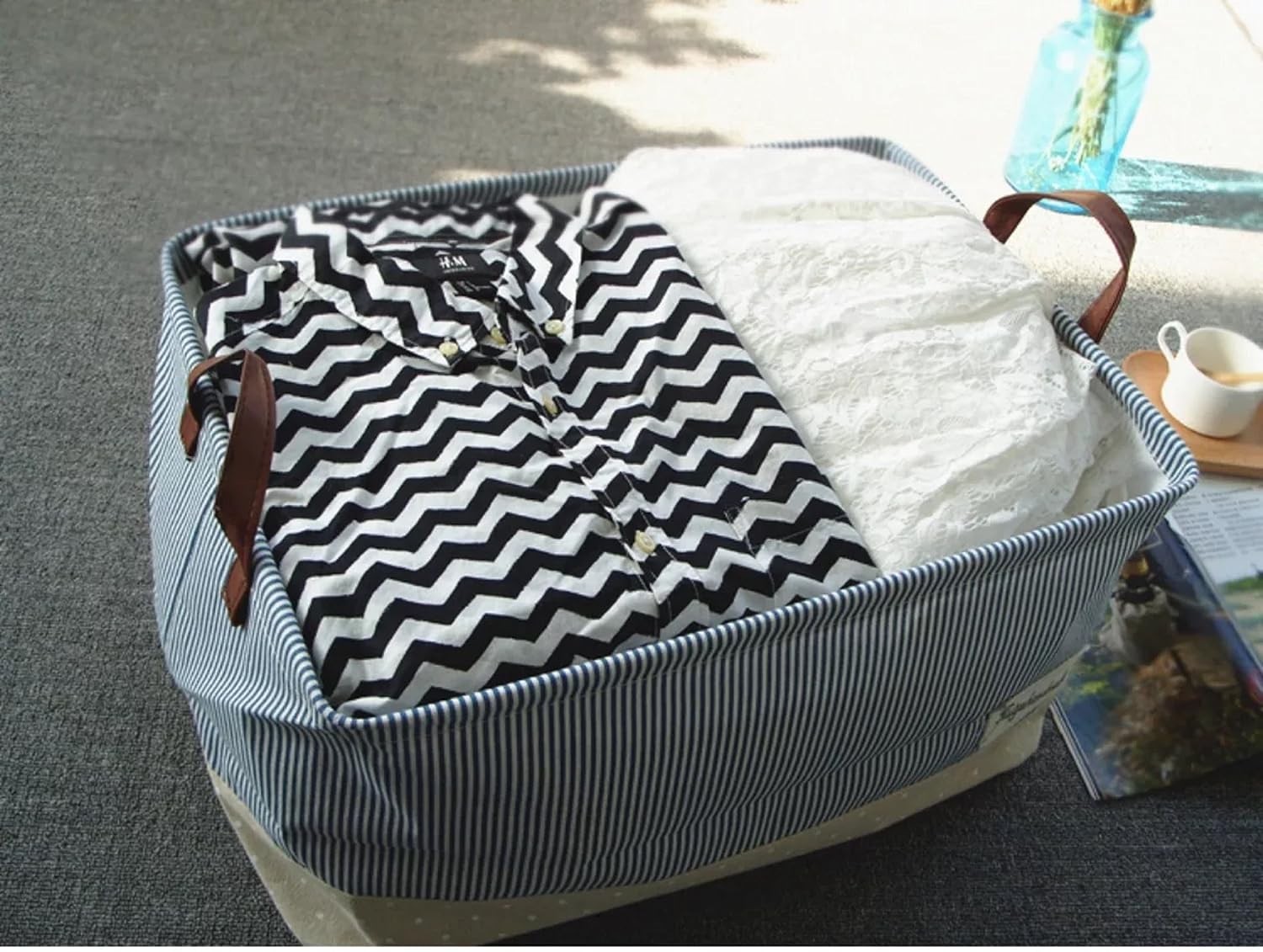 DOKEHOM 17-Inches Storage Basket with Lid, Drawstring Large Square Collapsible Canvas Laundry Hamper for Clothes Toy (Navy Blue, L)