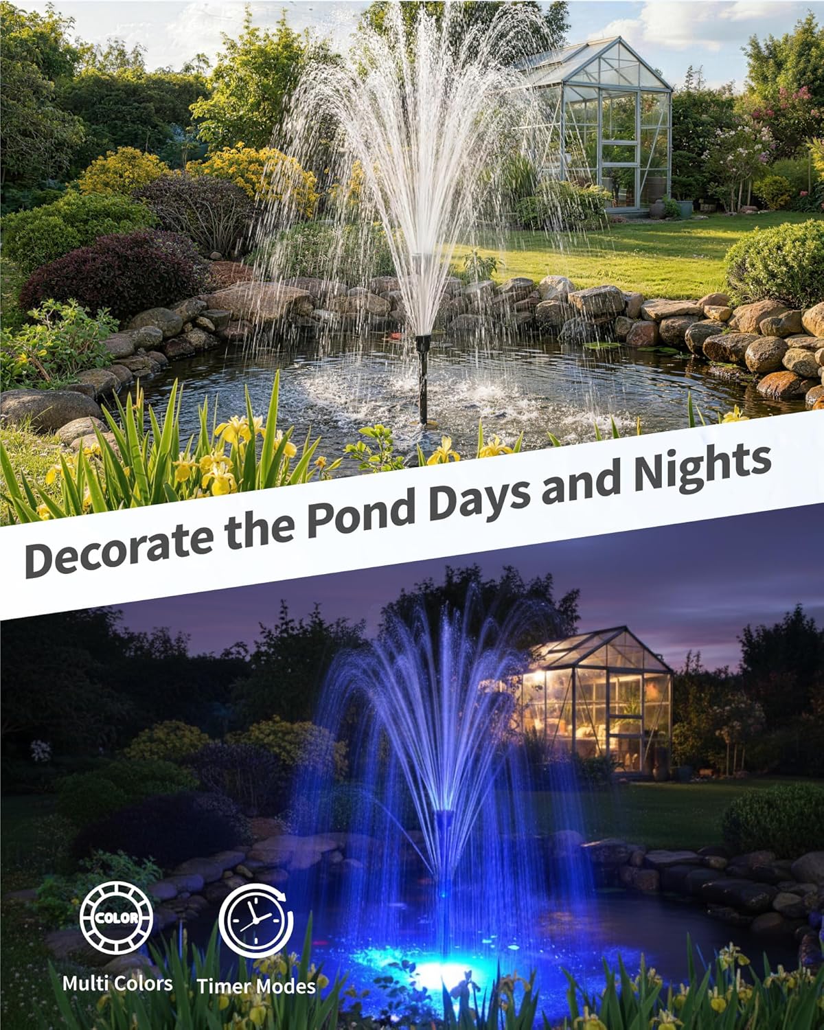 POPOSOAP Pond Fountain with LED Lights, 660GPH Submersible Pump RGB Pond Filter System with Adjustable Height & Water Flow for Garden Pond Fish Tank Day & Night Pond Decoration -P1104D
