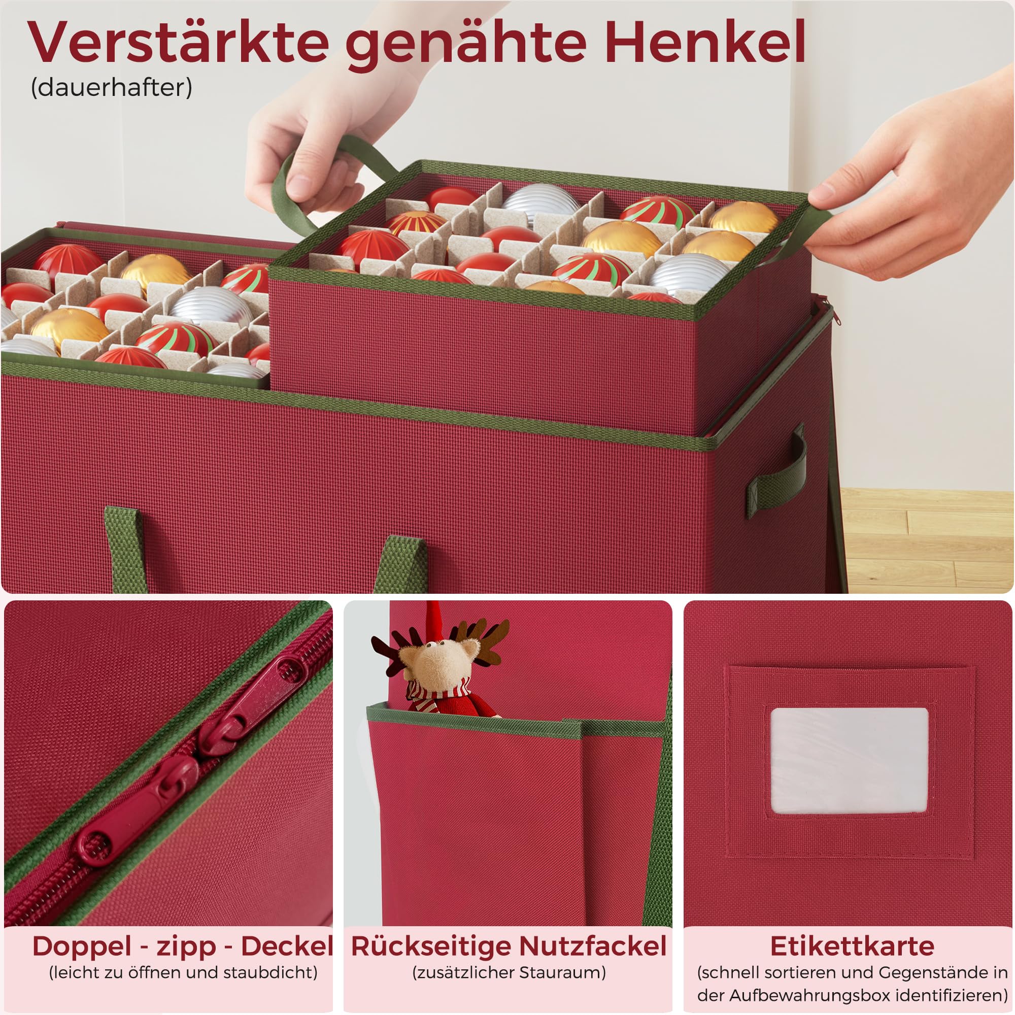 Weihnachtskugel Aufbewahrungsbox， für Weihnachtsschmuck, stapelbarer Weihnachts-Aufbewahrungsbehälter mit Deckel, 10 Fächer, 600D Oxford,7,6 cm 160 Steckplätze,64 x 32 x 43.5 cm,Rot