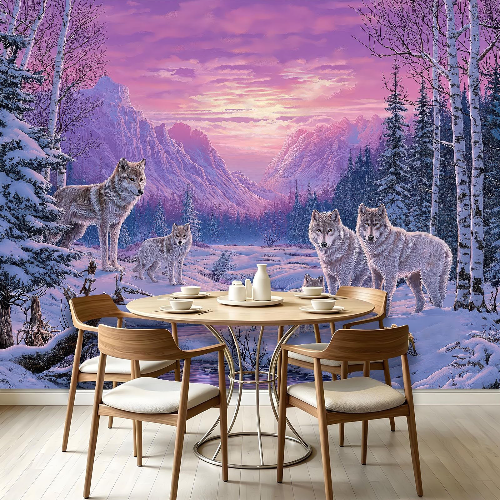 Fototapeta – las zimowy 300 x 210 cm (szer. x wys.) – klej nie wchodzi w zakres dostawy – kuchnia, sypialnia, salon, nowoczesna pionowa tapeta ścienna, tapeta z włókniny, wilk, zwierzę, dzikie zwierzę