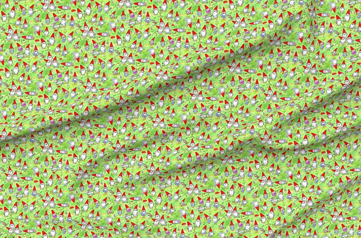 Spoonflower Fabric - Spring Gnomes Flower Rabbits Mice Red Green Fairy Tale Printed on Organic Cotton Sateen Fabric by The Yard - Sewing Quilting Apparel Home Decor