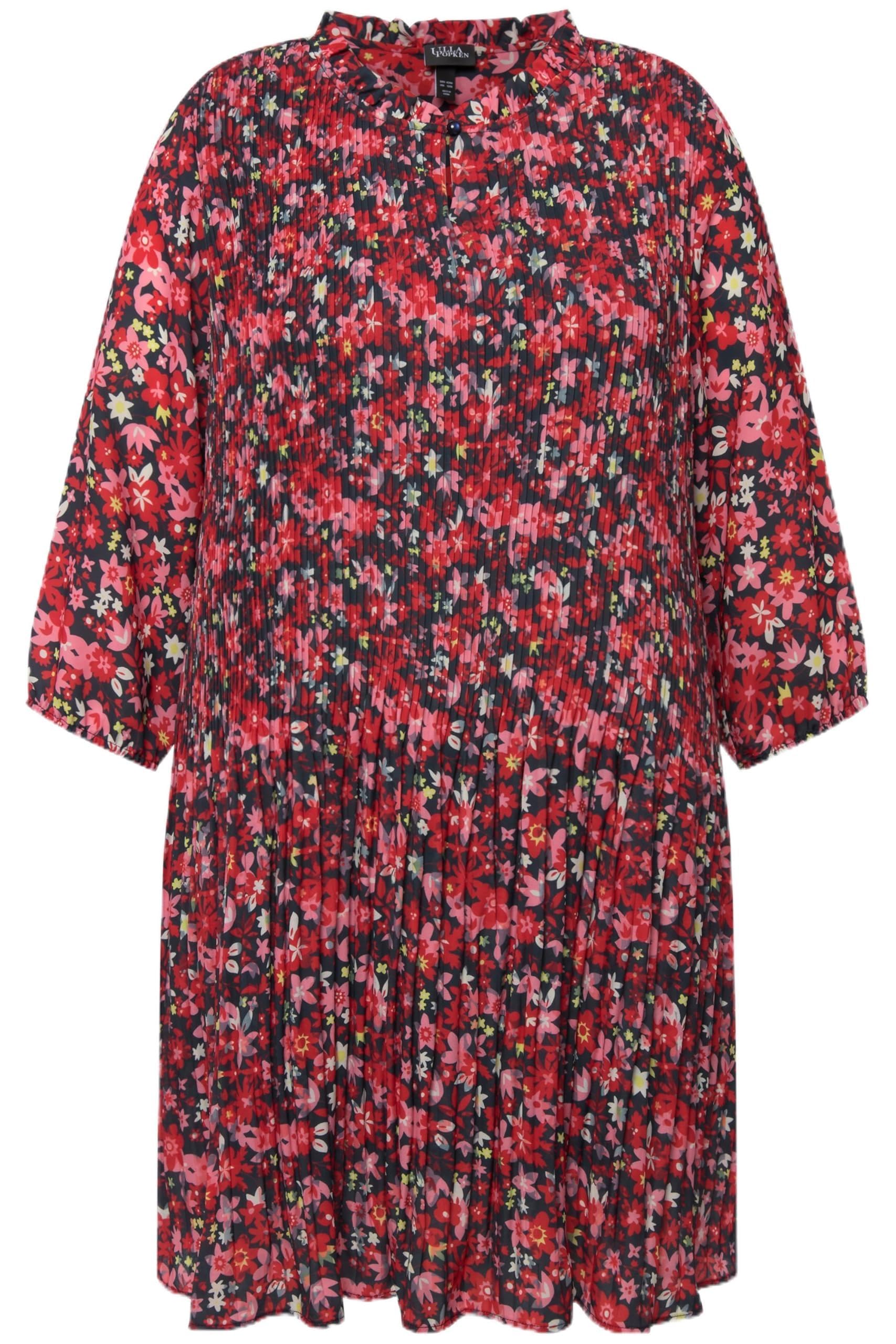 Ulla Popken Femme Grandes Tailles Robe Courte plissée avec Manches 3/4. Imprimé à Fleurs et col Montant avec ruchés. Marine 50+ 818129132-50+