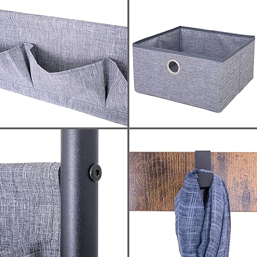 Miniatura 4 de Sunnyglade Perchero vintage 3 en 1 para entrada de árbol de entrada, marco de metal con aspecto de madera, con 5 ganchos, 4 bolsillos, 2 cajas de