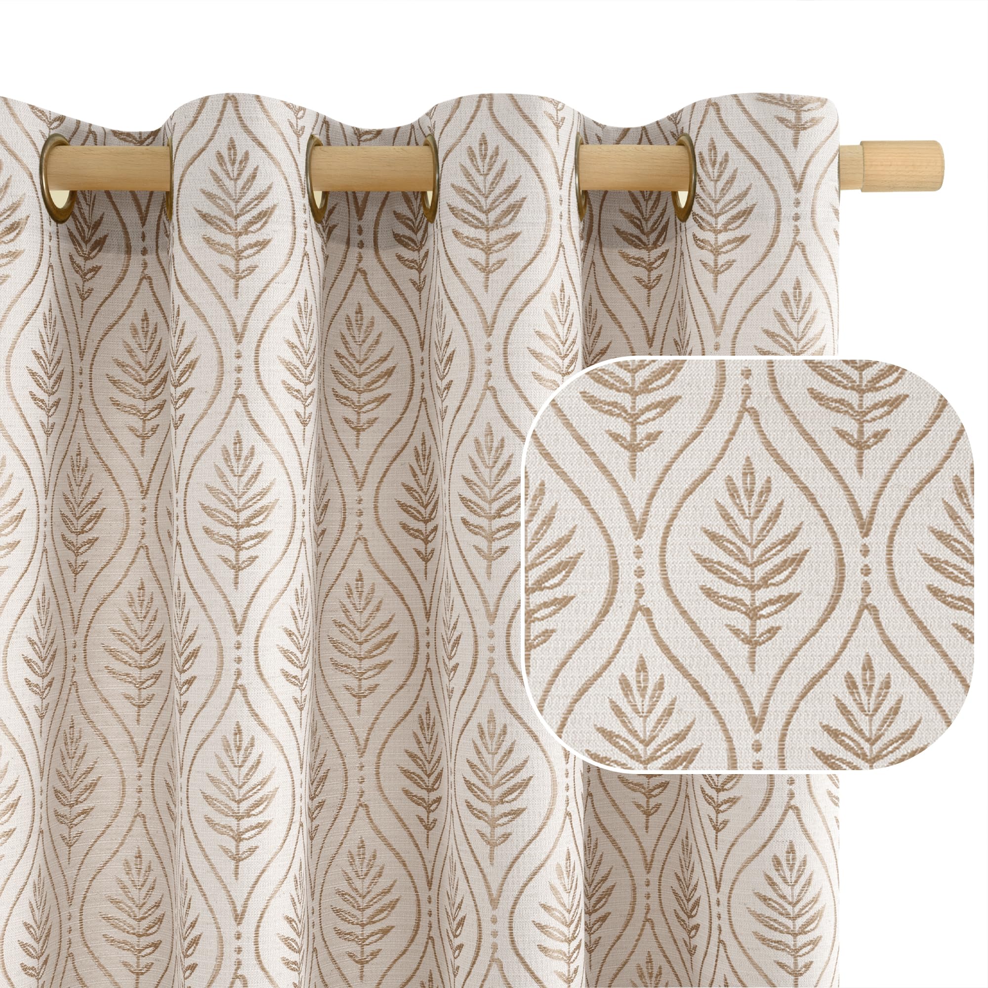 BGment Mocha Cottage Core Curtains for Living Room, French Country Leaf Jacquard Botanical Pattern Boho Vintage Grommet Window Decor Semi Sheer Linen Curtains, 2 Panels, 52 x 90 Inch