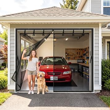MAGZO Garage Screen Door for 1 Car 9x7 FT | Magnetic Closure, Weighted Bottom, Hands-Free Entry, Side Zipper, Roll Up Straps, Heavy Duty, Pet&Kid Friendly for Patio