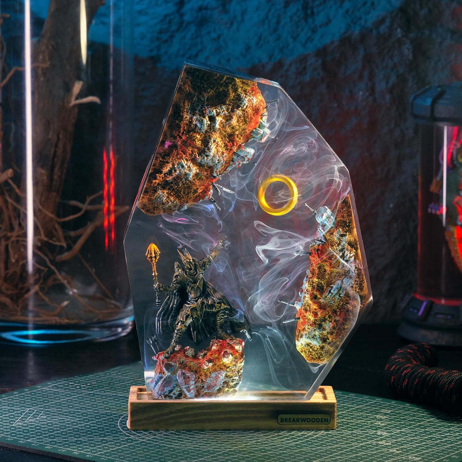 Mystical Realms Handcrafted Fantasy Resin Lamp, LED Illuminated Warrior Scene, USB Powered, Decorative Art Piece with Wooden Base (M: (3.1''x4.7''))
