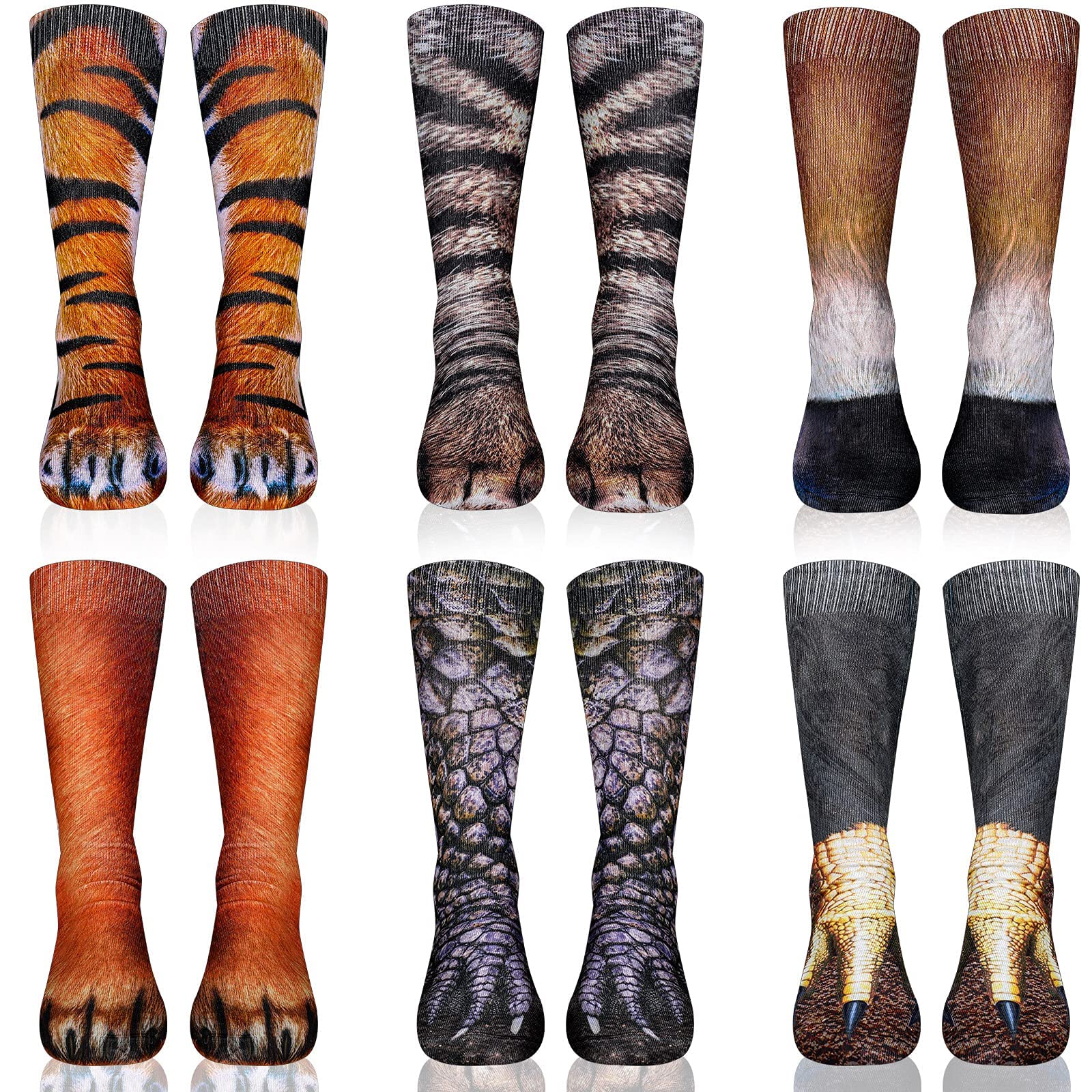 MAKINGTECFunny Animal Socks, 3D Pattern Socks, 3D Animal Socks, 6 Pairs Crazy Animal Paws Socks, Novelty Animal Socks, Cat/Dog/Tiger/Eagle/Horse/Dinosaur Paw Crew Socks, for Teens Supplies, Classic Colors