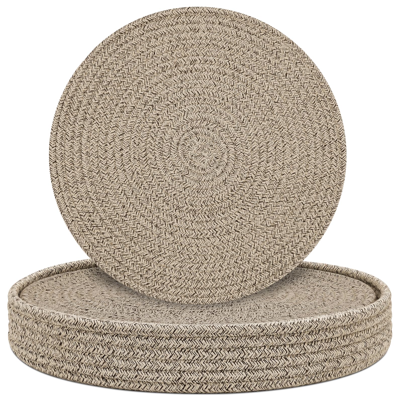 Photo 1 of Round Placemats Set of 6 with Holder, Cotton Rope Woven Place Mats, Hot Pads for Kitchen, Heat Resistant Table Mats, 13 Inch Farmhouse Washable Braided Placemat for Kitchen Decor (Brown)