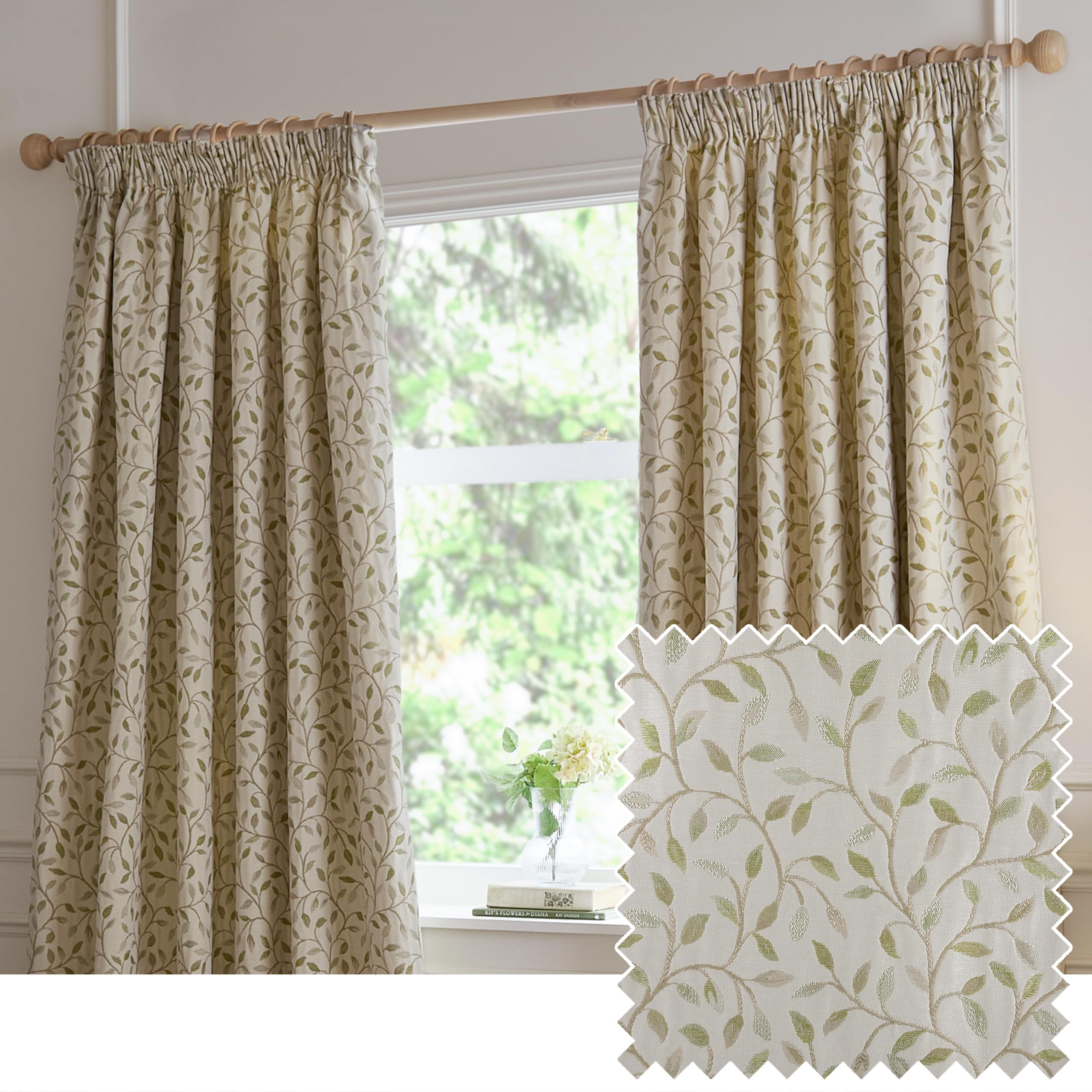 Voyage Maison Cervino Pencil Pleat Curtain Pair – Country Heritage Floral Leaf Woven Jacquard Lined Room Darkening Drapes (Lichen - 168x229cm)