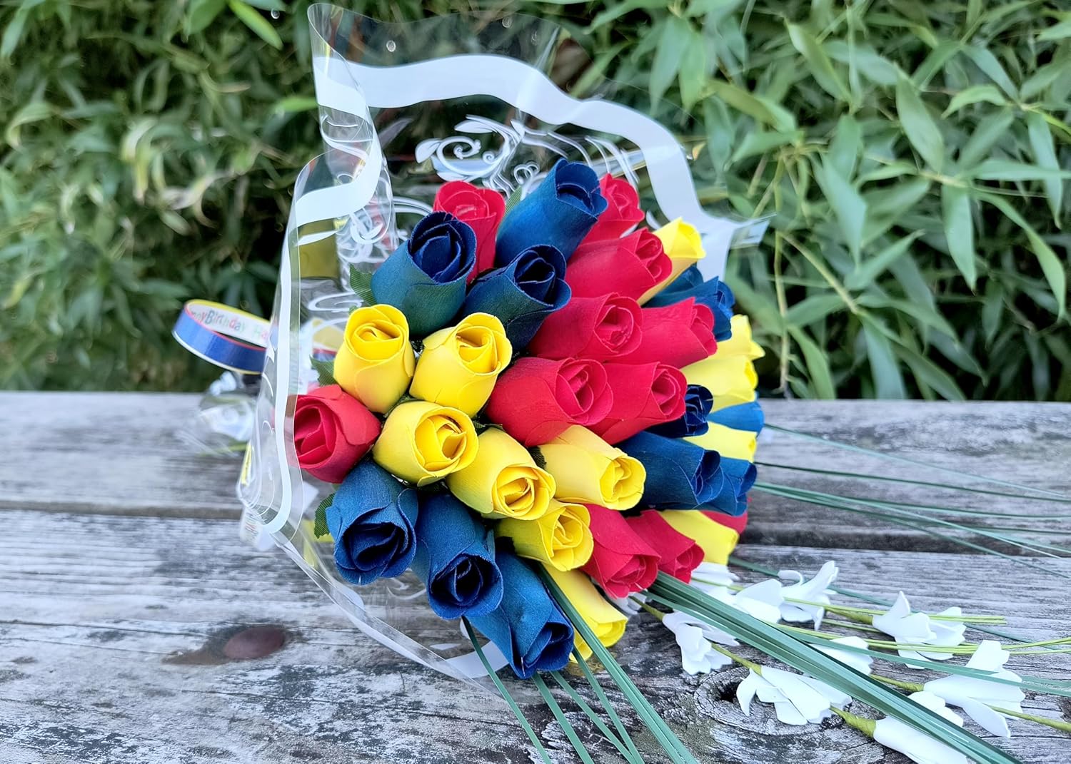 Happy Birthday Red, Blue, and Yellow Wooden Rose Flower Bouquet Closed Bud (3 Dozen)