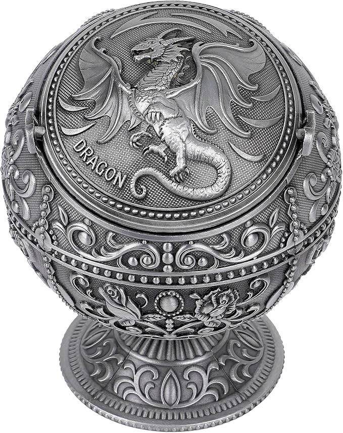 Vintage Dragon Ball Ashtray with Windproof Lid, Antique Silver