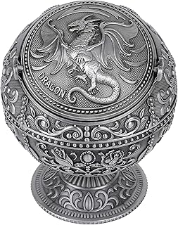 Dragon Ashtray with Lid - Zinc Alloy Windproof Ashtray for Man Cave, Fantasy or Medieval Room (Antique Silver)