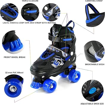 Kids Adjustable Quad Roller Skates, Blue Roller Skates For Boys And Girls, 4 Wheel Skates Adjustable Sizes, Blue Colour