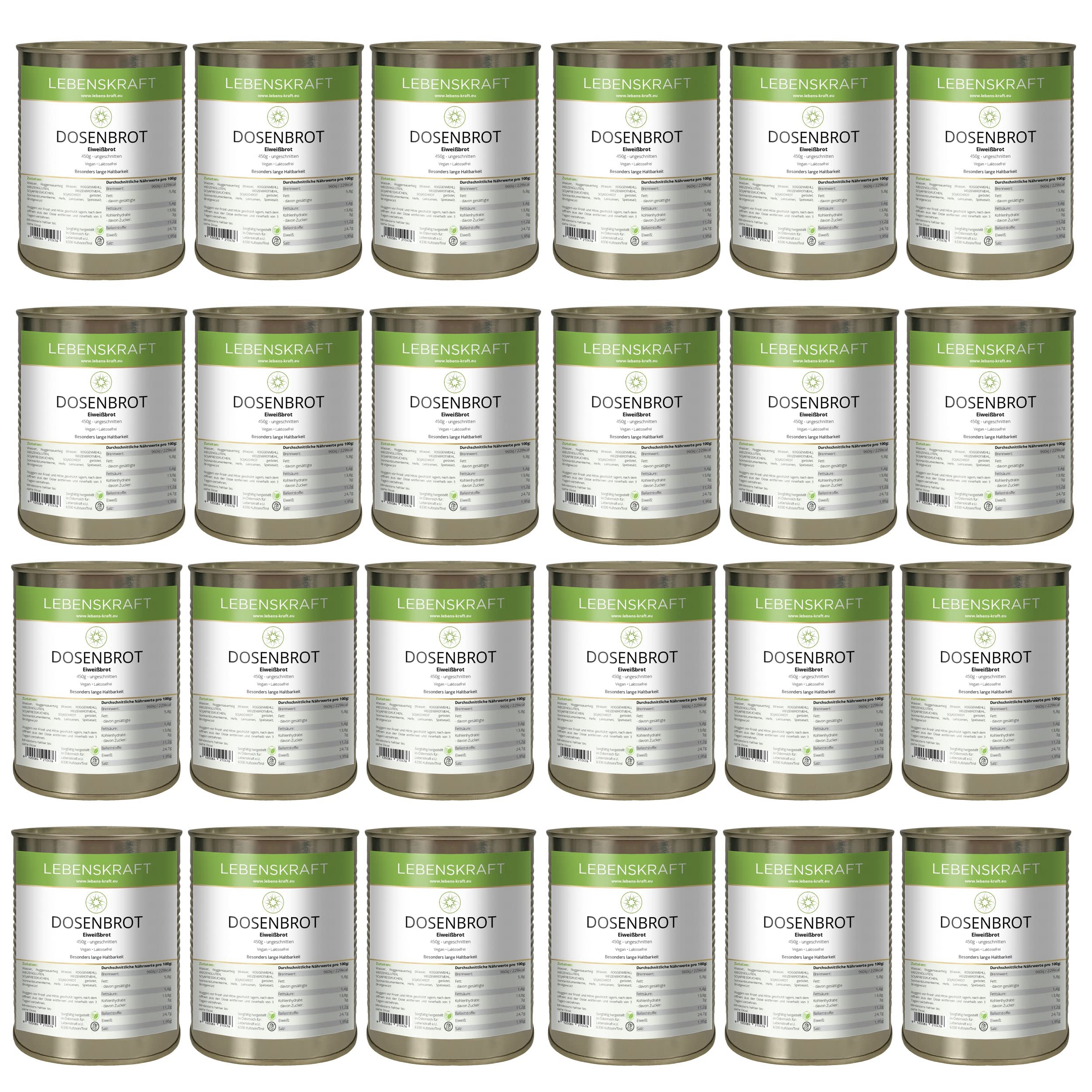 Lebenskraft Dosenbrot, Eiweißbrot, 24 x 450g Dose, lang haltbar, vegan, laktosefrei