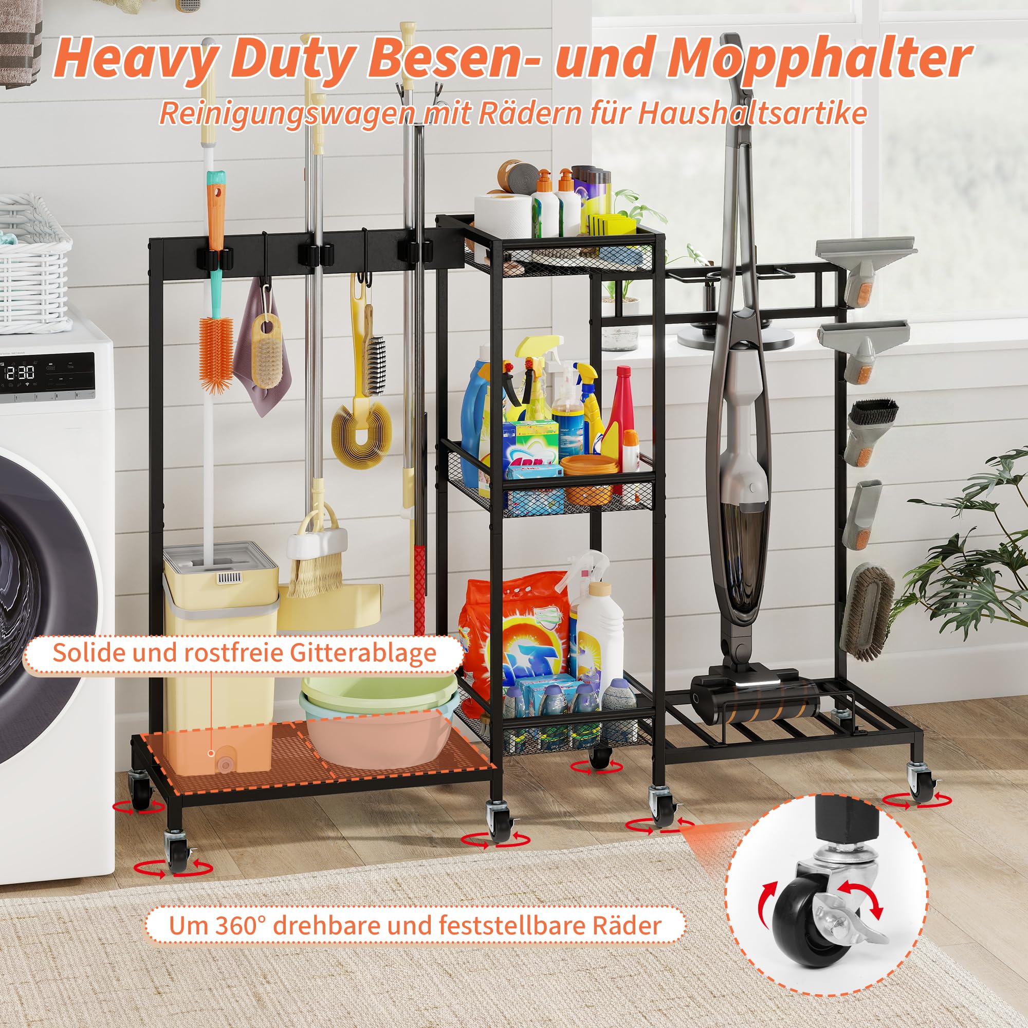ohbien Mobiler Reinigungswagen mit Staubsaugerständer Mopphalter Besenhalter 85 × 101 × 30 cm