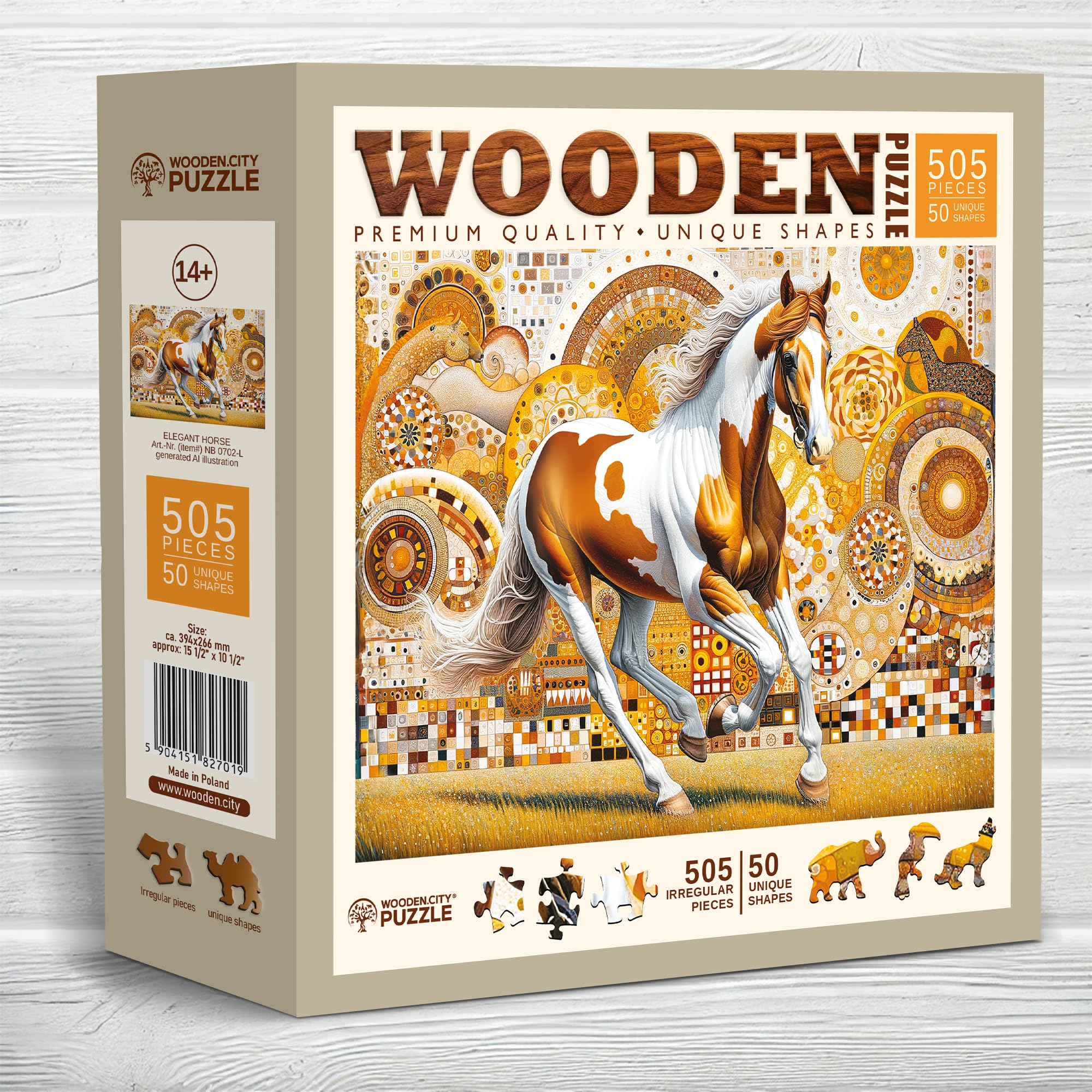 WOODEN.CITY Puzzle in legno da 500 pezzi, elegante cavallo con 50 pezzi a forma di animale, 39,4 x 26,7 cm, progettato e realizzato in UE