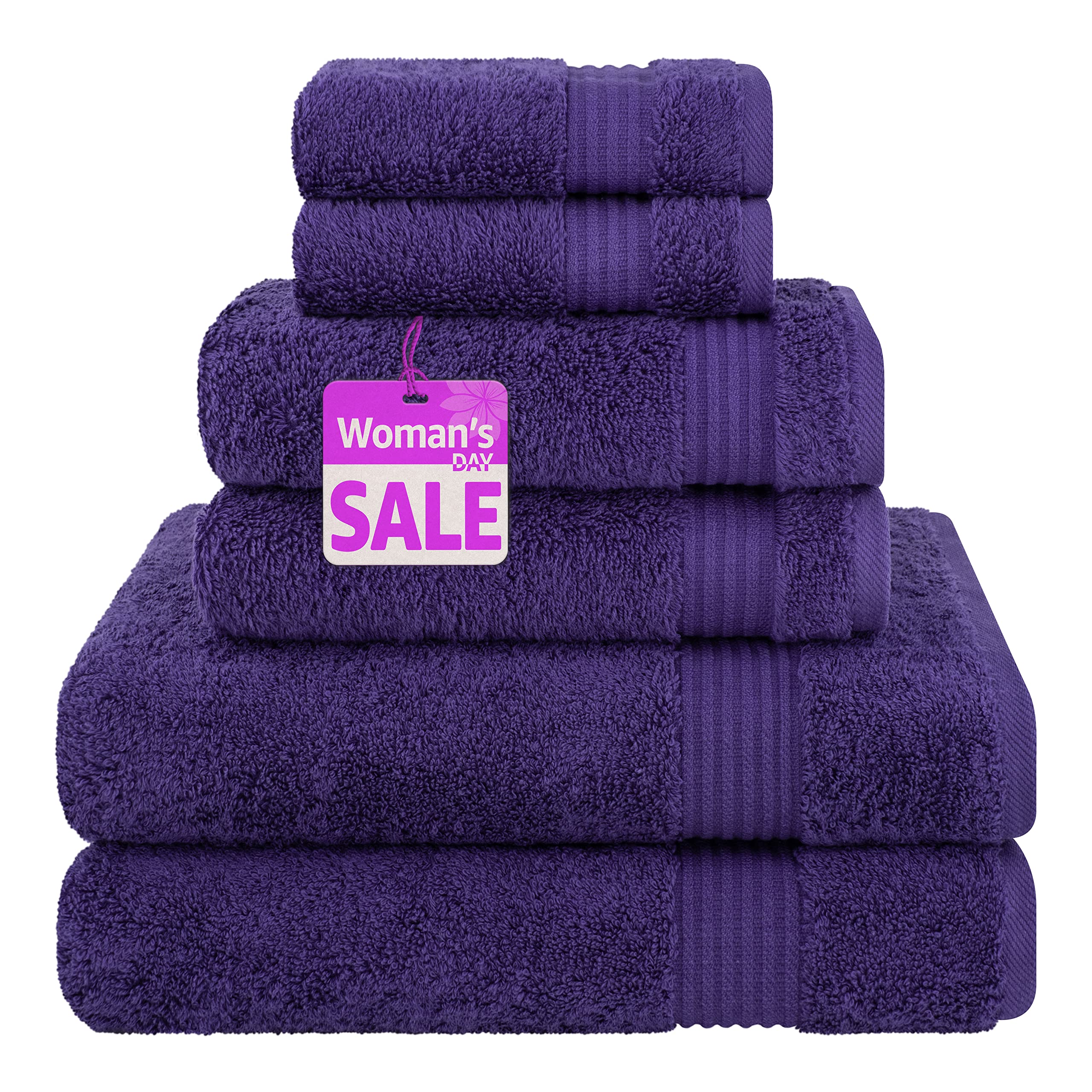 Cotton Paradise 6 Piece Towel Set, 100% Turkish Cotton Soft Absorbent Towels for Bathroom, 2 Bath Towels 2 Hand Towels 2 Washcloths, Purple Towel Set