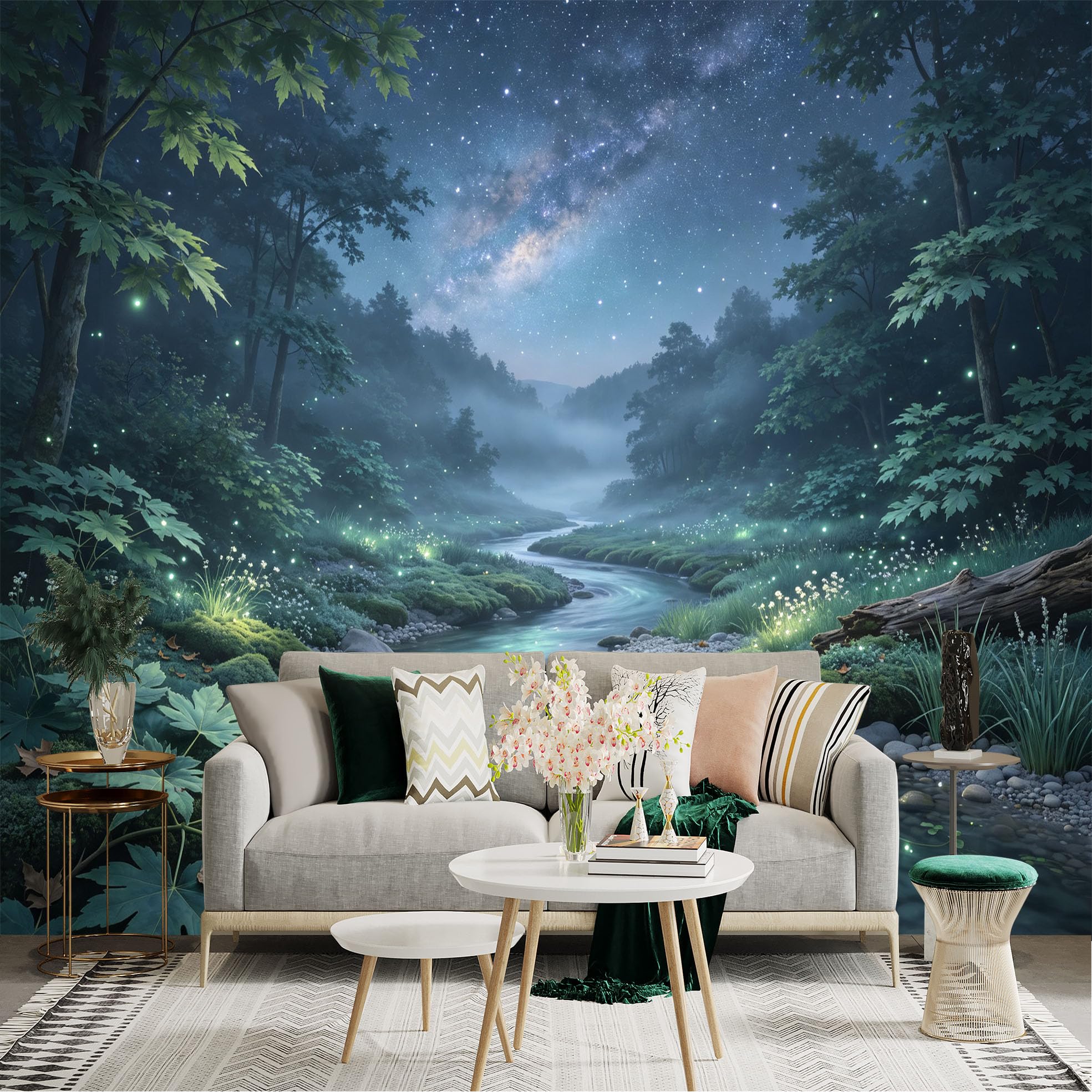 Lnzczhyre Bh260719129 Custom Size Wall Sticker Mural， Enchanted Forest Stream With Glowing Fireflies， Misty Night Landscape， Starry Sky Reflection， For Wall Decoration， Peelandstick Wall Decals.