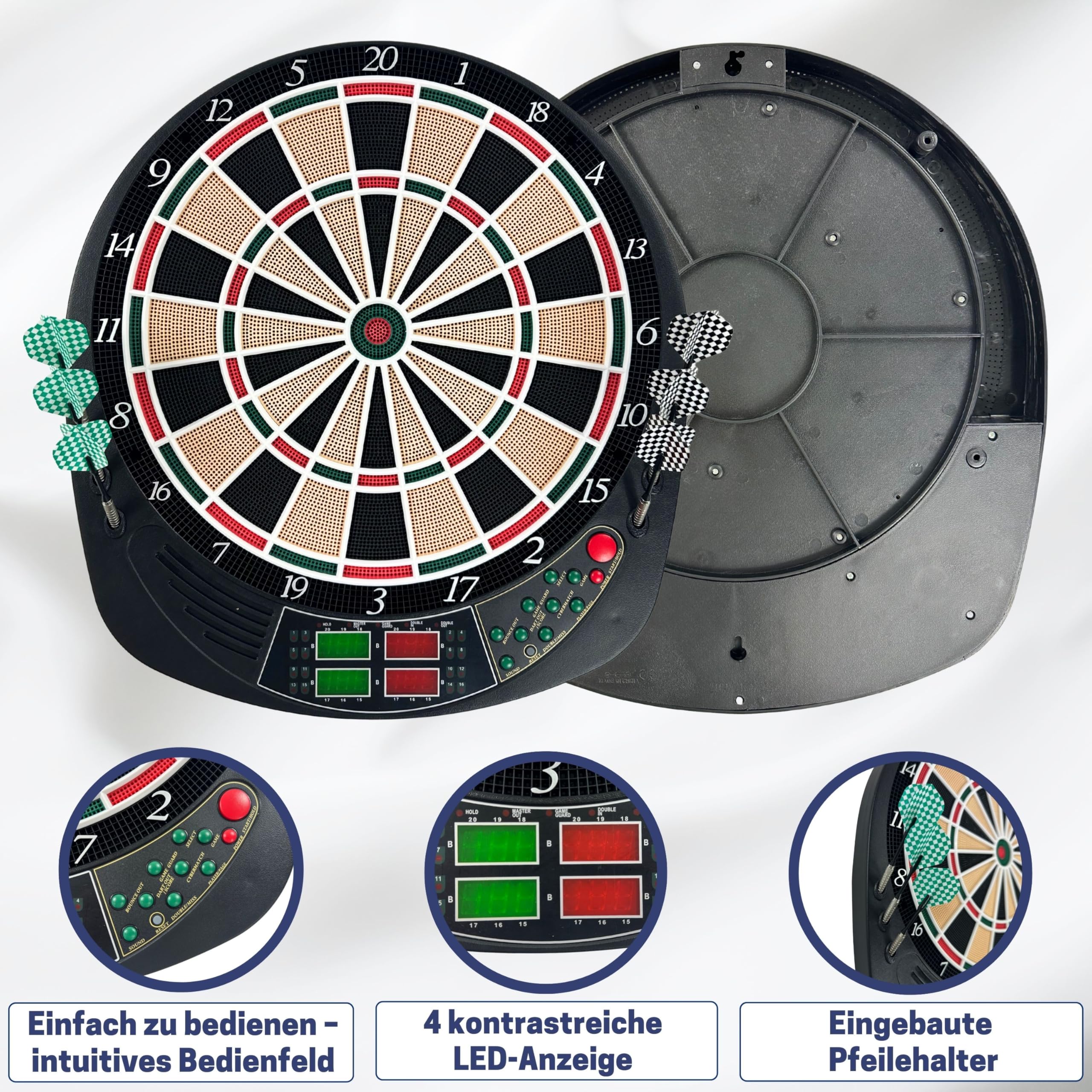 Best Sporting elektr. Dartscheibe Coventry - 27 Spiele mit 159 Varianten, bis zu 16 Spieler, 12 Dartpfeilen & Ersatzspitzen, LED-Anzeigen, Soundeffekt, weiße Spinne mit Typhoon - Softdarts 3er Set