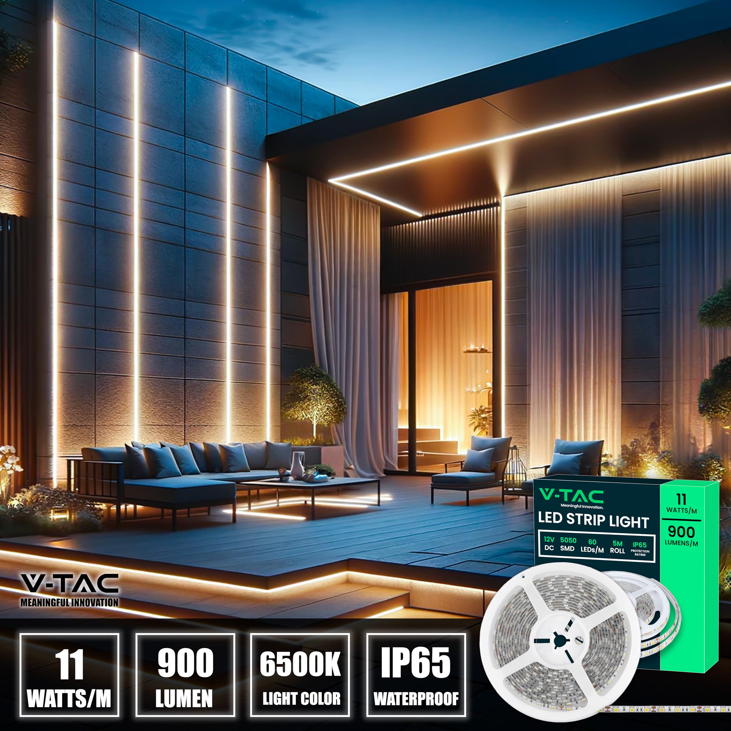 V-TAC Ruban LED Extérieur Étanche IP65-5 Mètres - SMD 5050 - Bande à LED Lumineuse 6500K Blanc Froid - Ruban LED d'Extérieur avec Bande Adhésive et Flexible pour Jardin, Terrasse, Maison - 12V