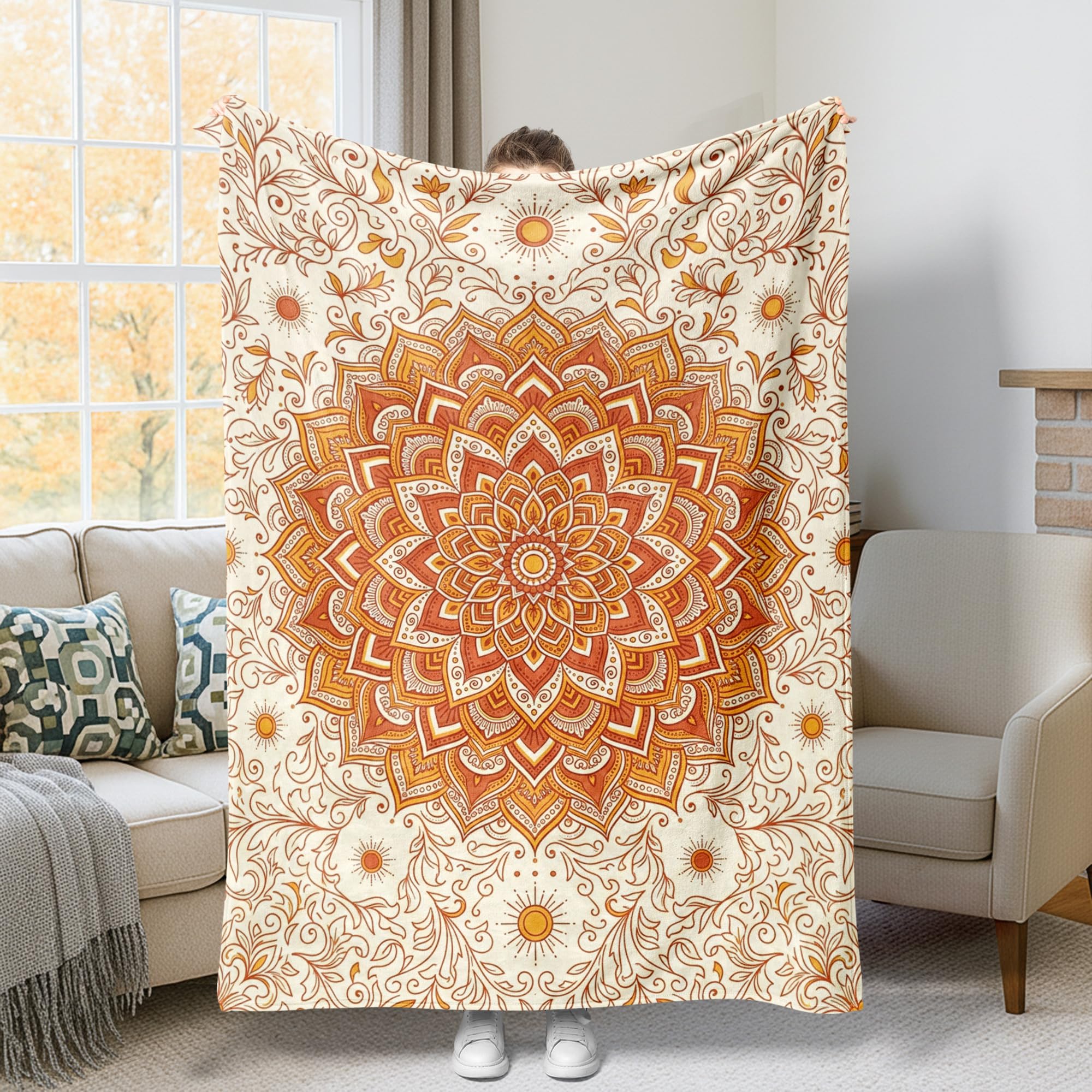 Couverture mandala plaid bohème orange soleil lit canapé bureau dortoir