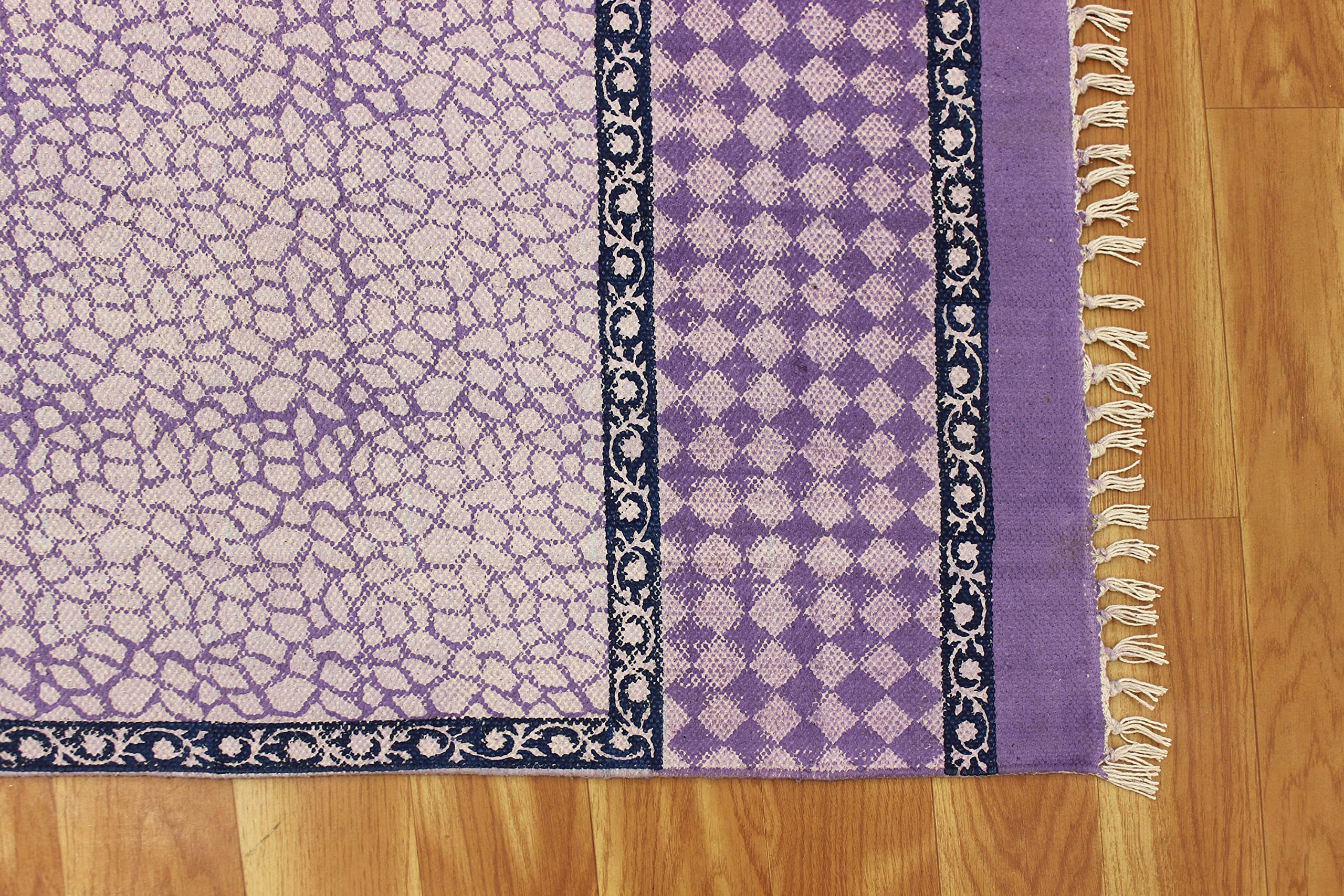 Indyjski wiejski ręcznie robiony dywan geometryczny fioletowy i beżowy 150 x 30 cm bawełna dhurrie łatwy do prania styl dekoracyjny Dhurrie - przedpokój, wejście i używanie chodników na