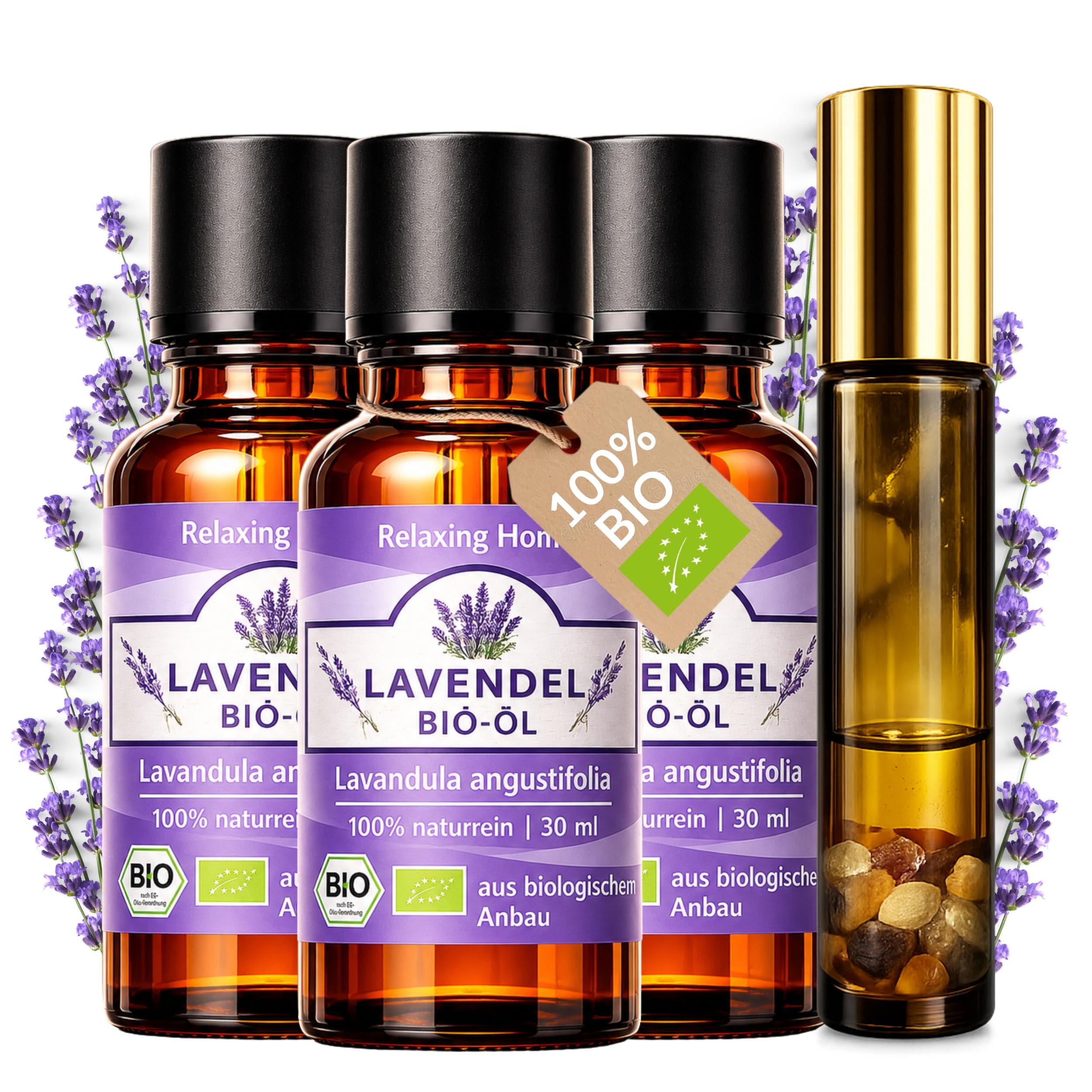 Bio Lavendelöl ätherisch 100% naturrein – 90ml Ätherisches Öl (Lavandula Angustifolia) für Diffuser, Aromatherapie & Raumduft – inkl. Stoffbeutel und Roll On Flasche (3er Pack)