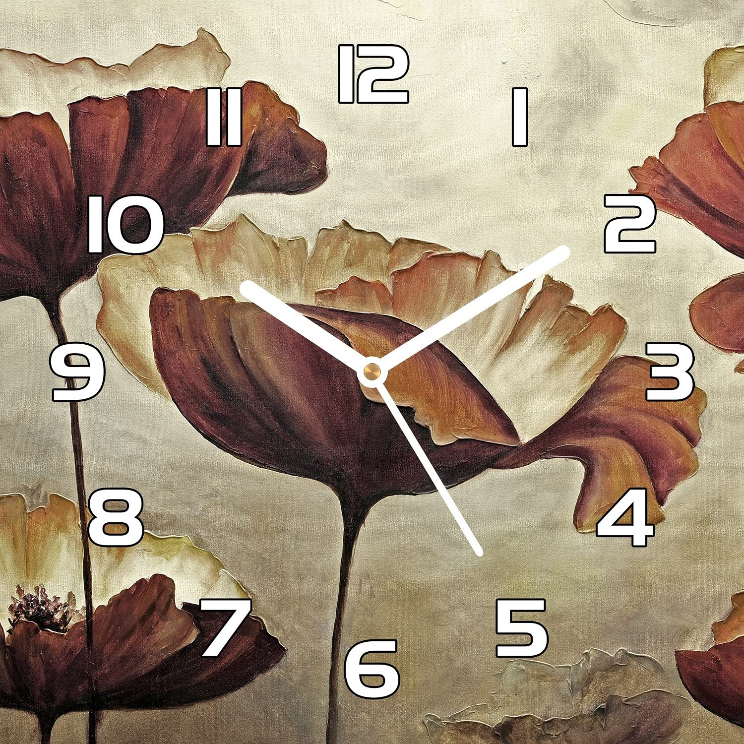 Horloge en verre cuisine salon Coloray pavot romantique aiguilles blanches