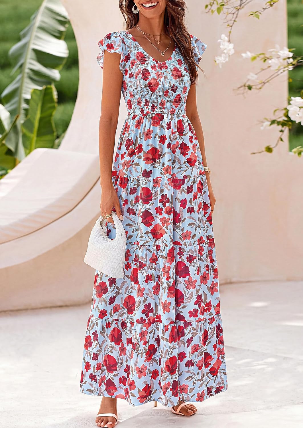 PRETTYGARDEN Women's Summer Flowy Maxi Dress Casual Cap Sleeve V Neck Smocked Beach Sundress - Image 3