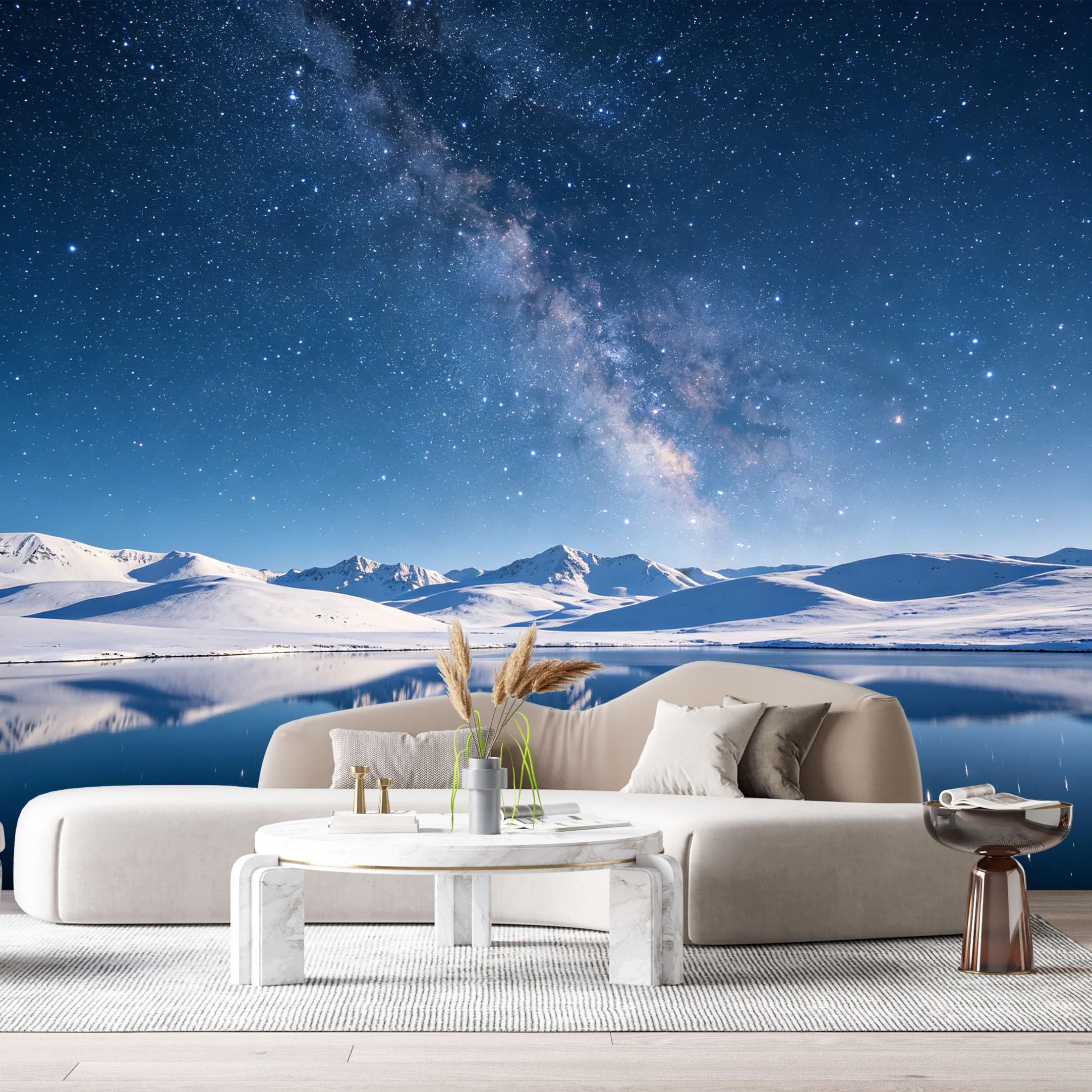 Custom Size Wall Murals Starry Sky Mountain Landscape Snowy Peaks Lake Reflection SelfAdhesive Wall Fabric Removable Large Wallpaper for Photo Living Room